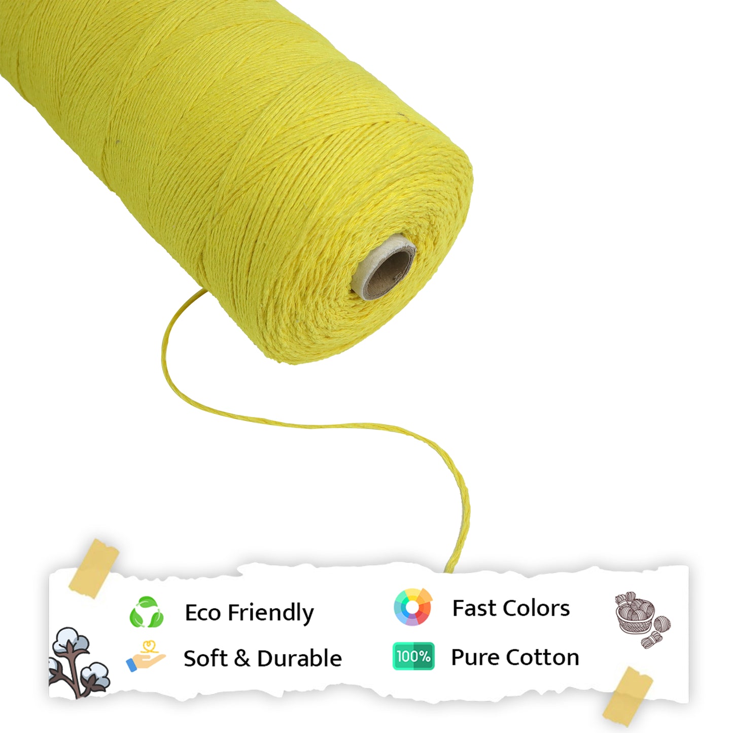 1mm Twisted (3Ply) | Yellow | 750 Metres | 1kg Spool | Cotton | No 08