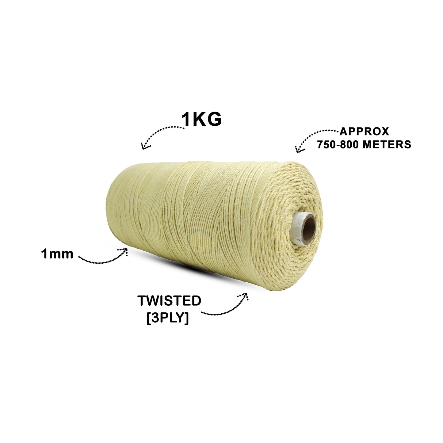 1mm ટ્વિસ્ટેડ (3Ply) | આછો પીળો | 750 મીટર | 1 કિલો સ્પૂલ | કપાસ