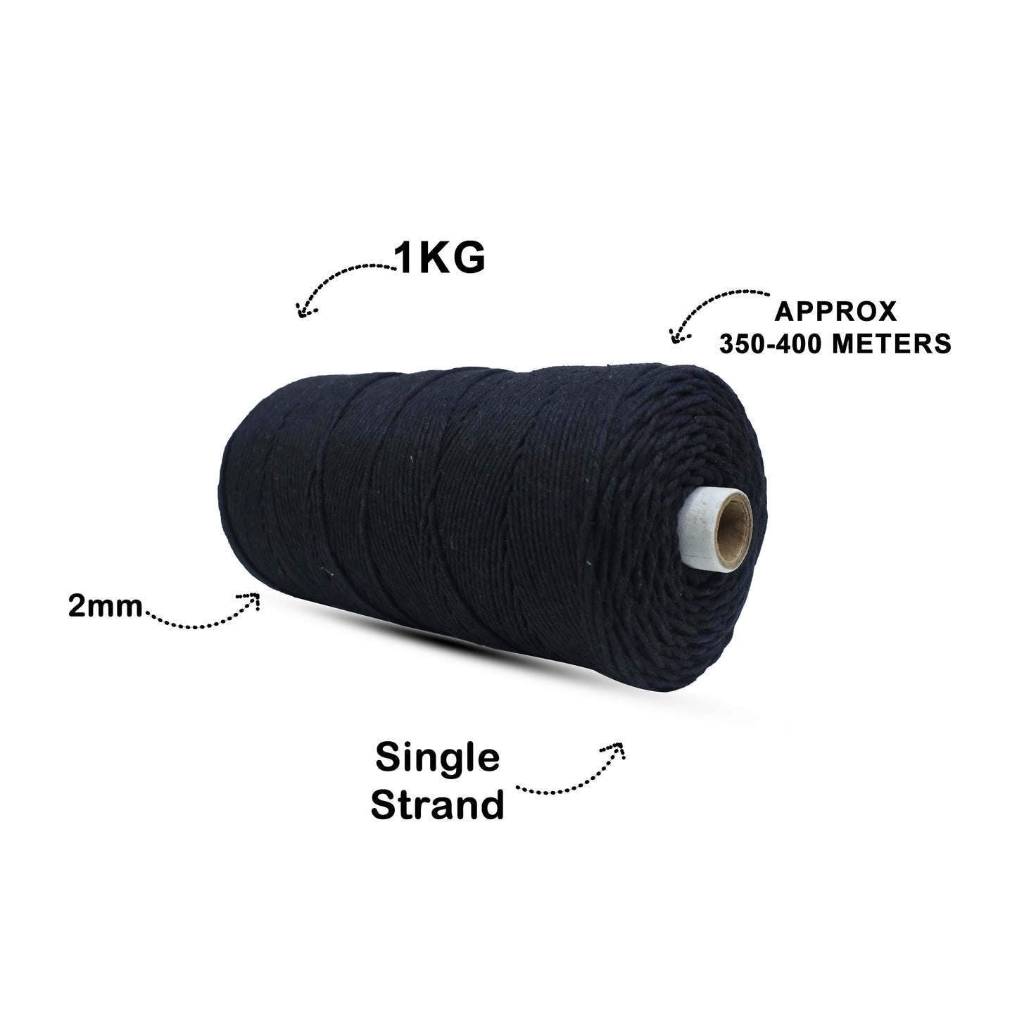 2mm Single Strand | Black | 350 - 400 Metres | 1kg Spool | Cotton | No 01