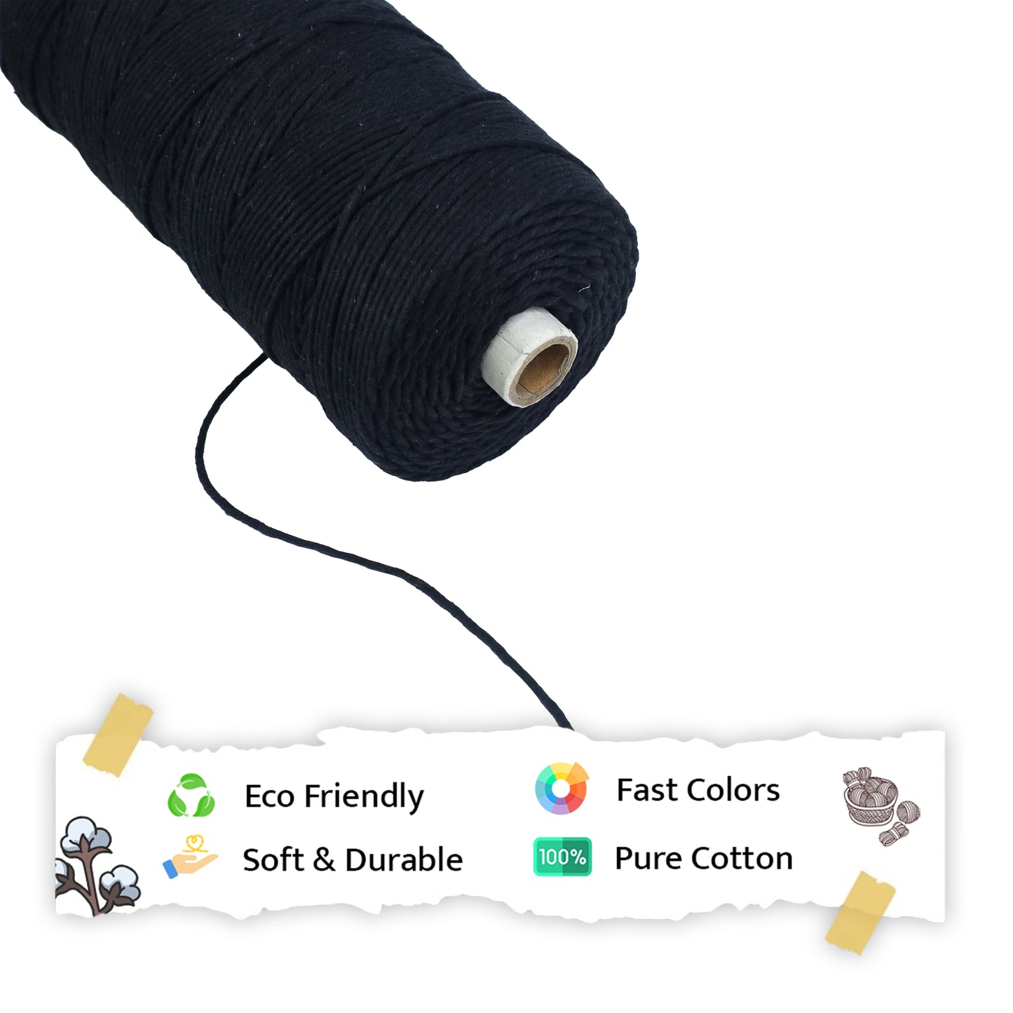 2mm Single Strand | Black | 350 - 400 Metres | 1kg Spool | Cotton | No 01