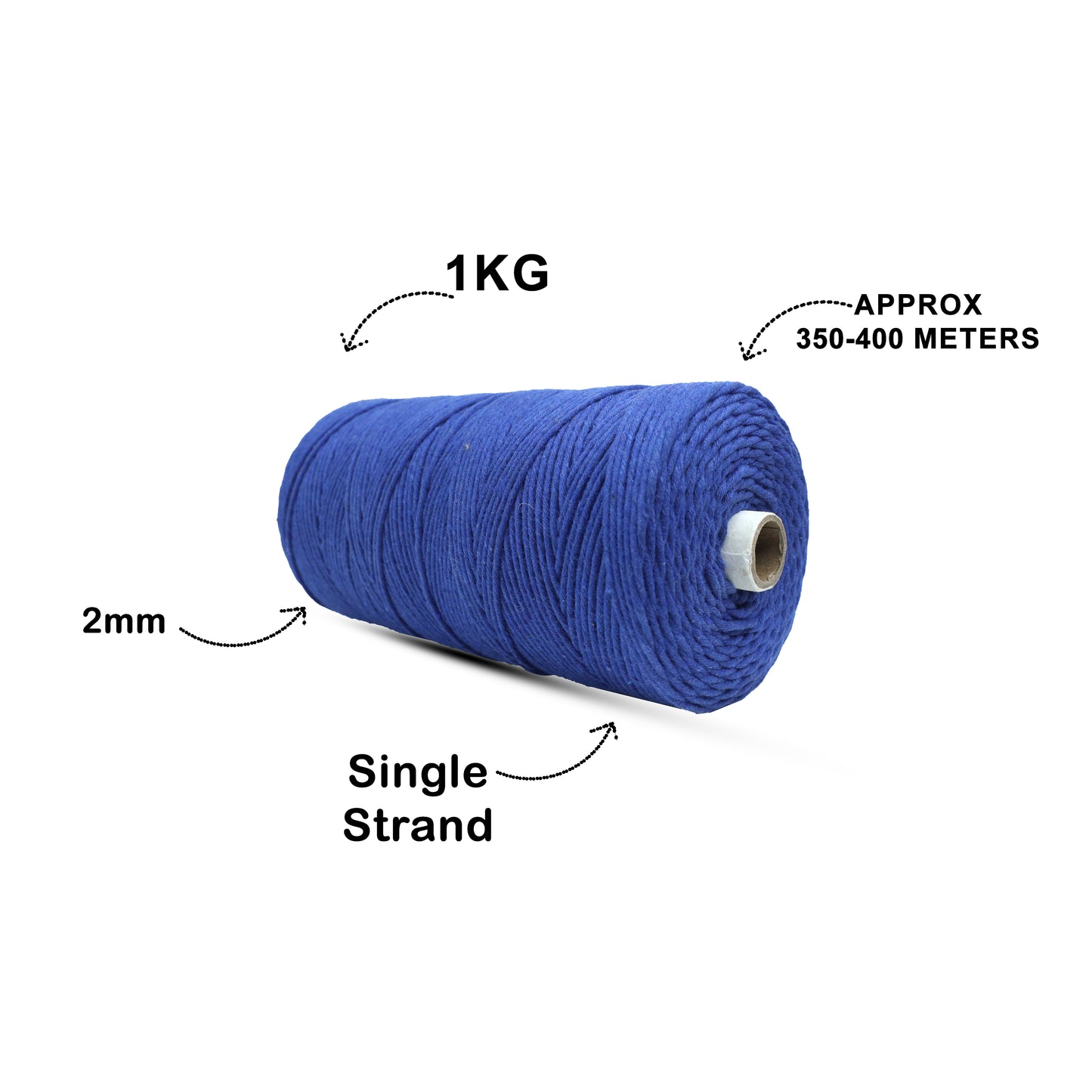 2mm સિંગલ સ્ટ્રેન્ડ | નીલમ વાદળી | 350 - 400 મીટર | 1 કિલો સ્પૂલ | કપાસ