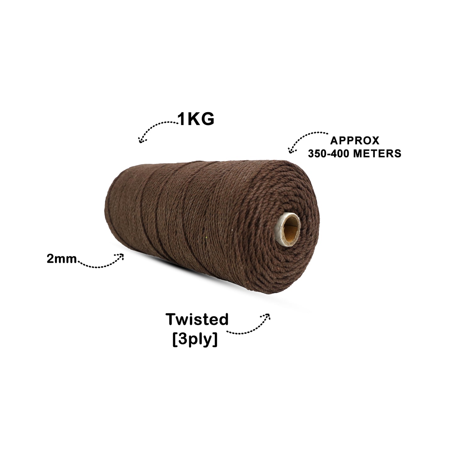 2mm ટ્વિસ્ટેડ (3Ply) | આછો બ્રાઉન | 350 - 400 મીટર | 1 કિલો સ્પૂલ | કપાસ