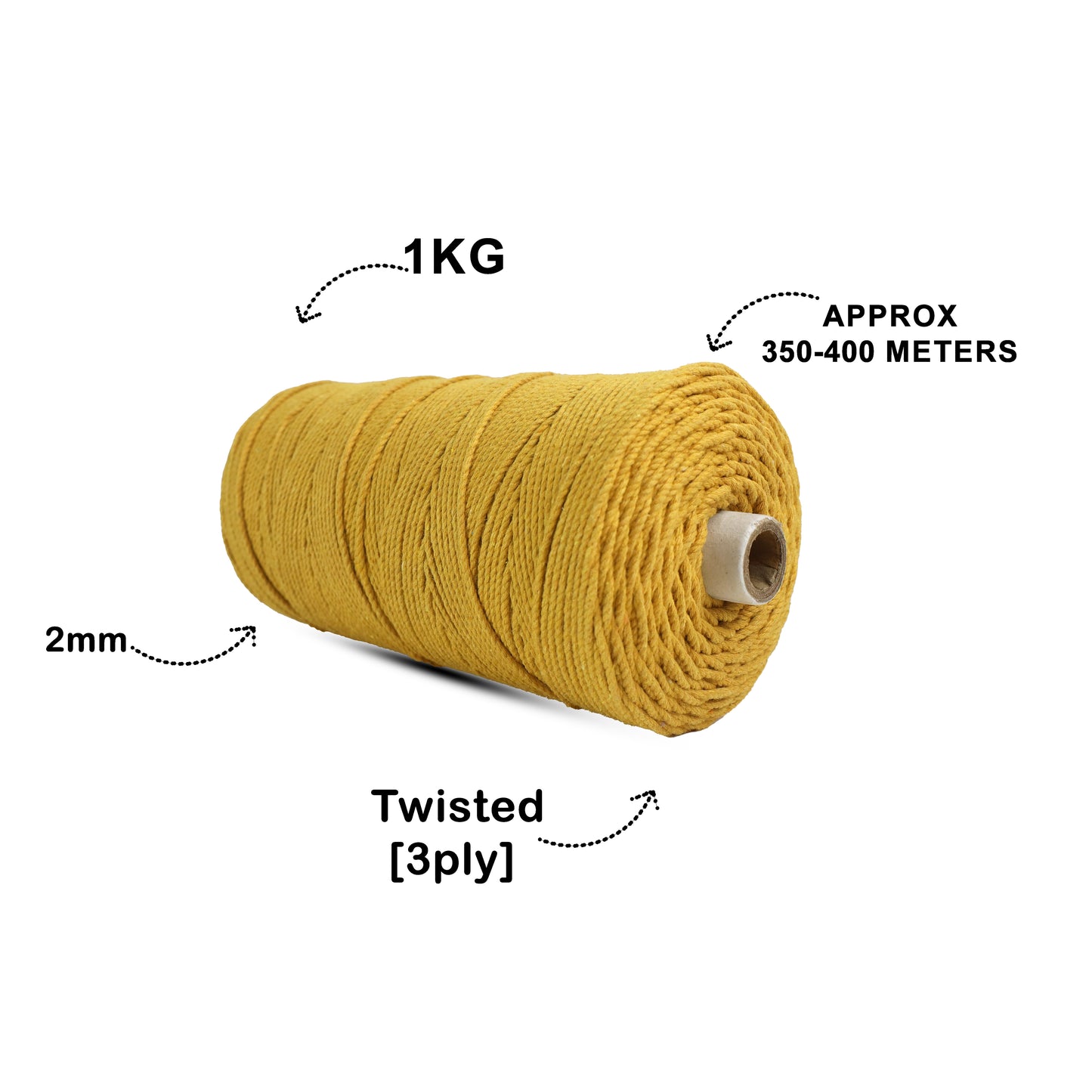2mm ટ્વિસ્ટેડ (3Ply) | સરસવ | 350 - 400 મીટર | 1 કિલો સ્પૂલ | કપાસ