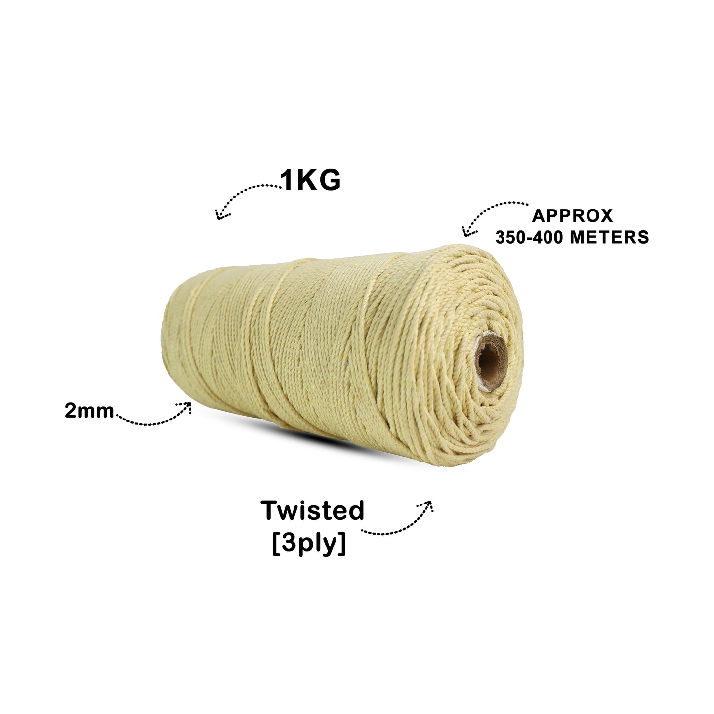 2mm Twisted (3Ply) | Light Yellow | 350 - 400 Metres | 1kg Spool | Cotton | No 09