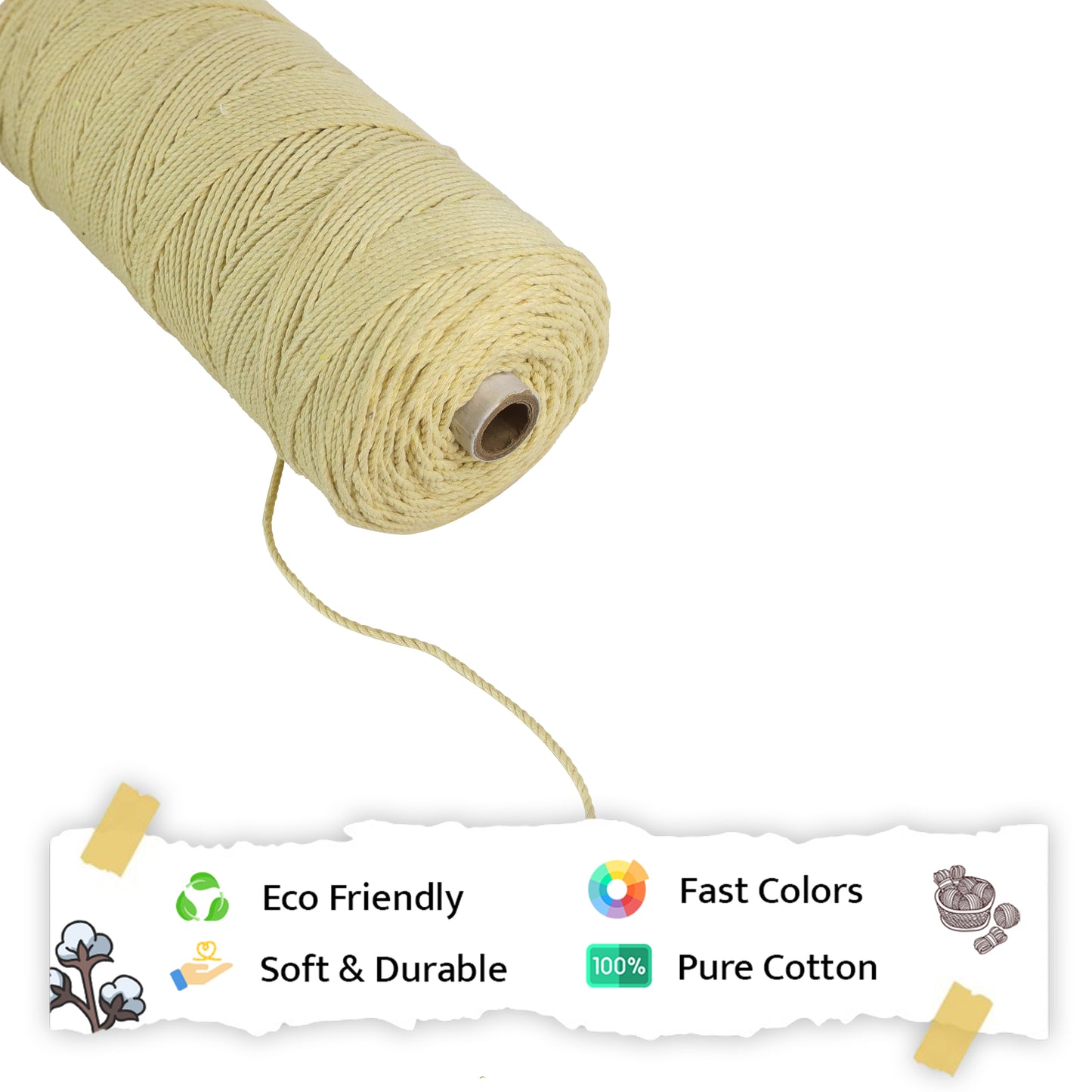 2mm Twisted (3Ply) | Light Yellow | 350 - 400 Metres | 1kg Spool | Cotton | No 09