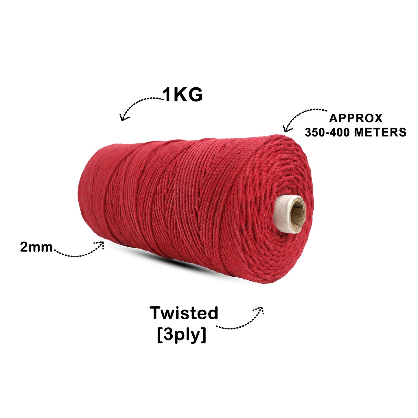 2mm Twisted (3Ply) | Red | 350 - 400 Metres | 1kg Spool | Cotton | No 15