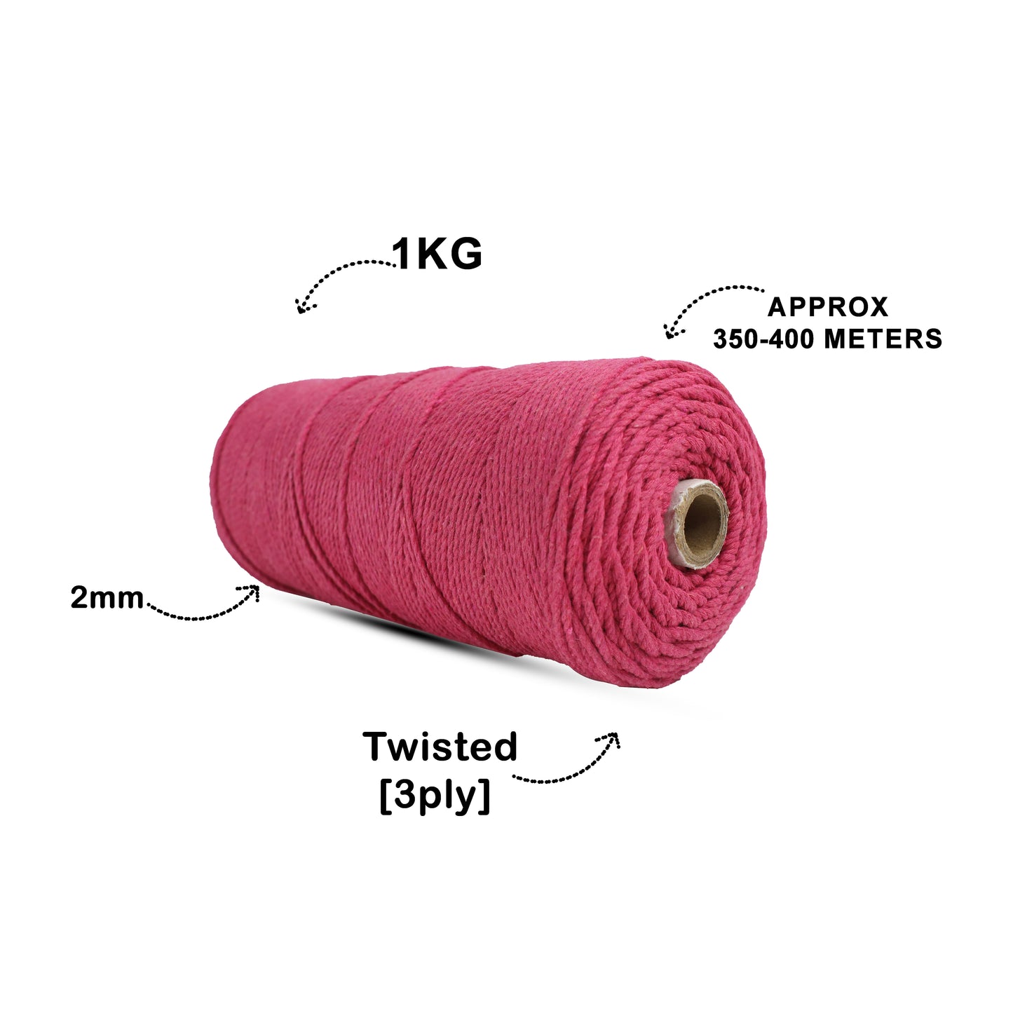 2mm Twisted (3Ply) | Hot Pink | 350 - 400 Metres | 1kg Spool | Cotton | No 16