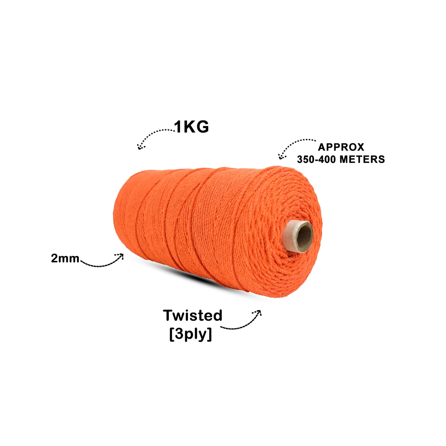 2mm ટ્વિસ્ટેડ (3Ply) | નારંગી | 350 - 400 મીટર | 1 કિલો સ્પૂલ | કપાસ