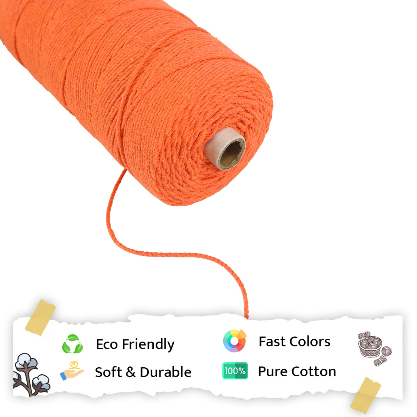 2mm ટ્વિસ્ટેડ (3Ply) | નારંગી | 350 - 400 મીટર | 1 કિલો સ્પૂલ | કપાસ