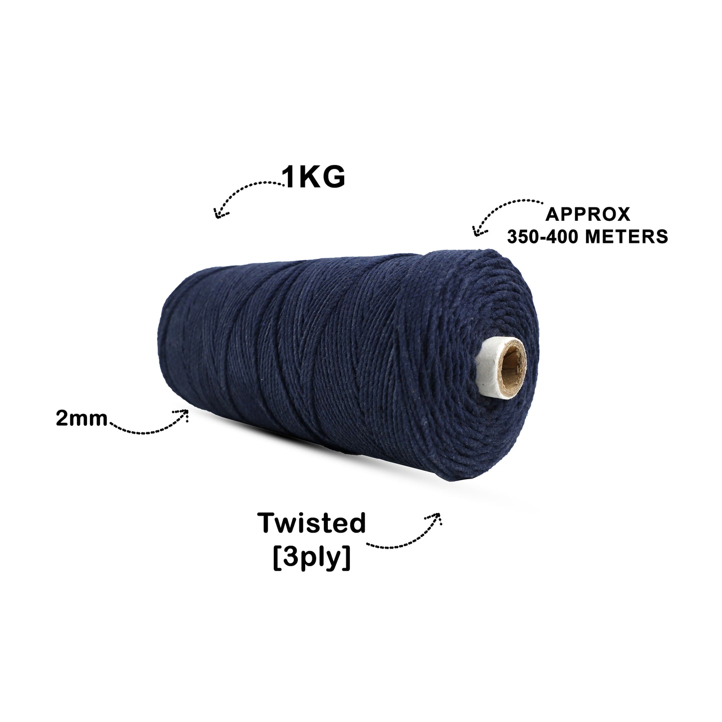 2mm ટ્વિસ્ટેડ (3Ply) | ઘેરો વાદળી | 350 - 400 મીટર | 1 કિલો સ્પૂલ | કપાસ