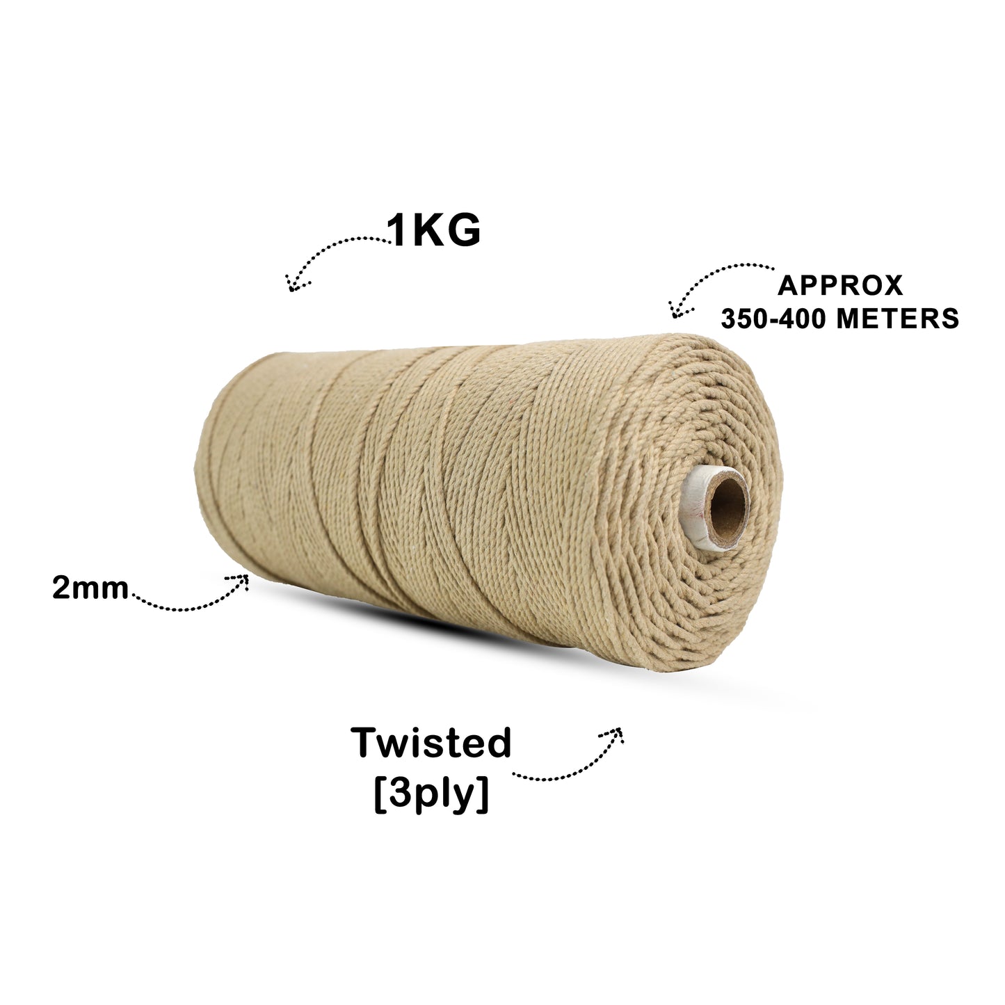 2mm ટ્વિસ્ટેડ (3Ply) | ન રંગેલું ઊની કાપડ | 350 - 400 મીટર | 1 કિલો સ્પૂલ | કપાસ