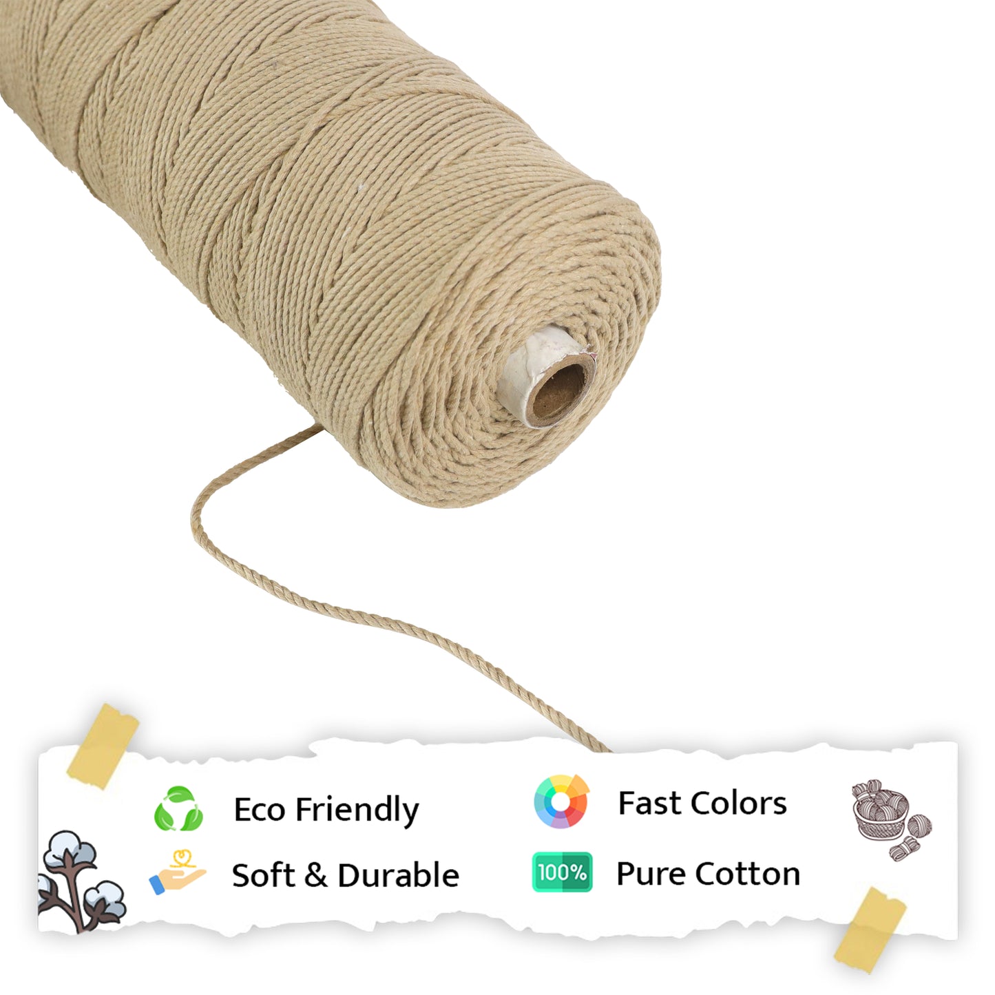 2mm ટ્વિસ્ટેડ (3Ply) | ન રંગેલું ઊની કાપડ | 350 - 400 મીટર | 1 કિલો સ્પૂલ | કપાસ