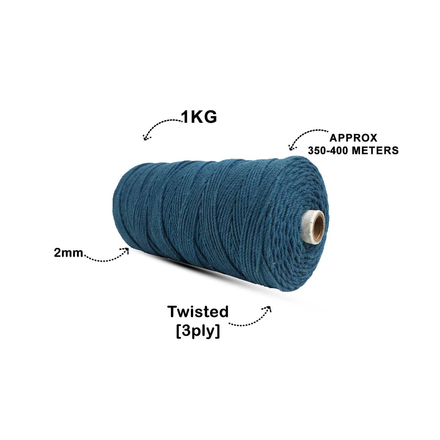 2mm ટ્વિસ્ટેડ (3Ply) | ટીલ બ્લુ | 350 - 400 મીટર | 1 કિલો સ્પૂલ | કપાસ