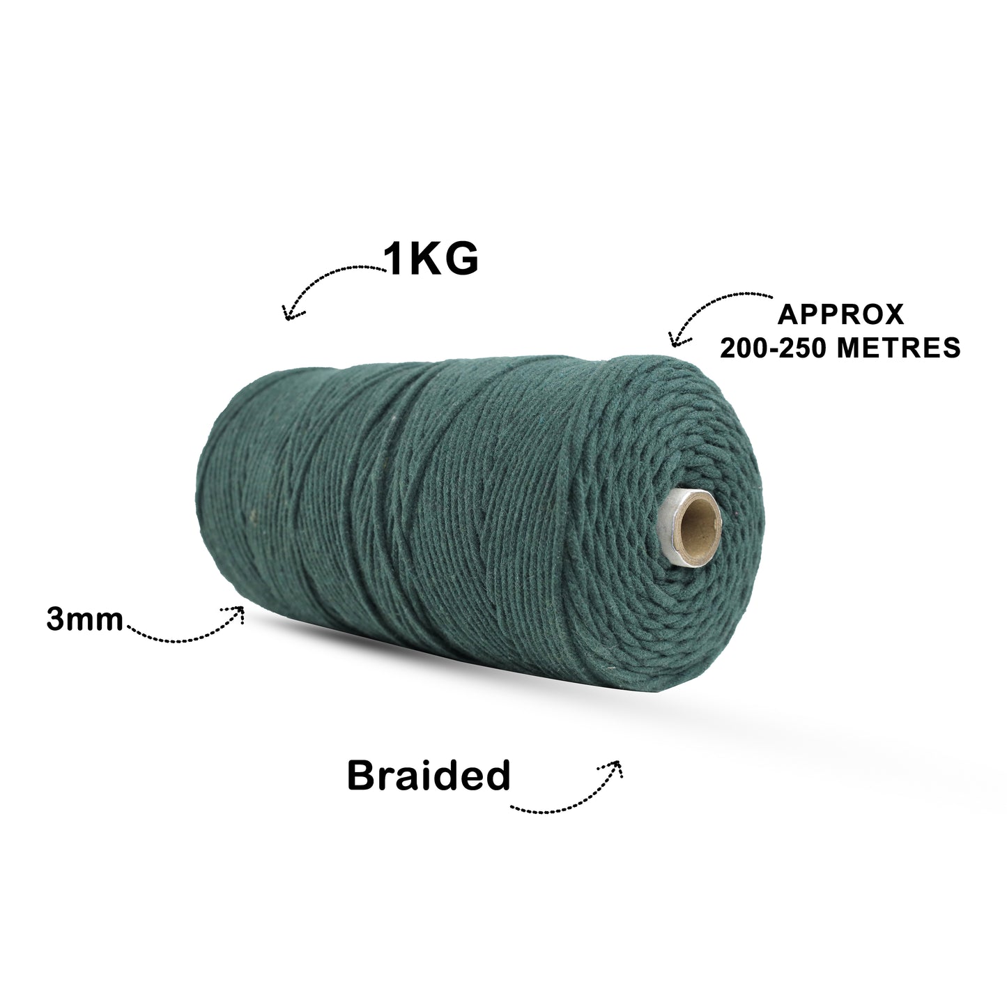 3mm Braided | Forrest Green |200-250 Meters | 1Kg Spool | Cotton | No 10