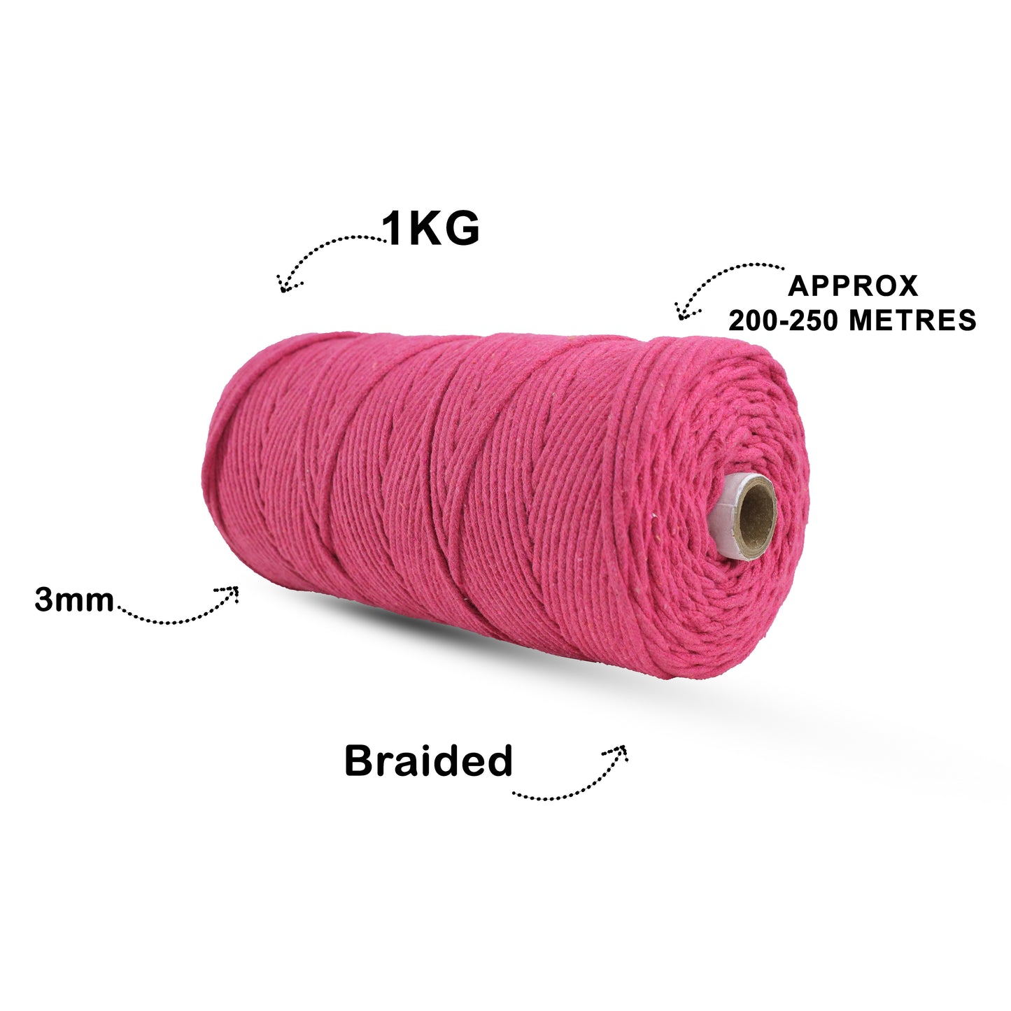 3mm Braided | Hot Pink | 200-250 Metres | 1Kg Spool | Cotton | No 16