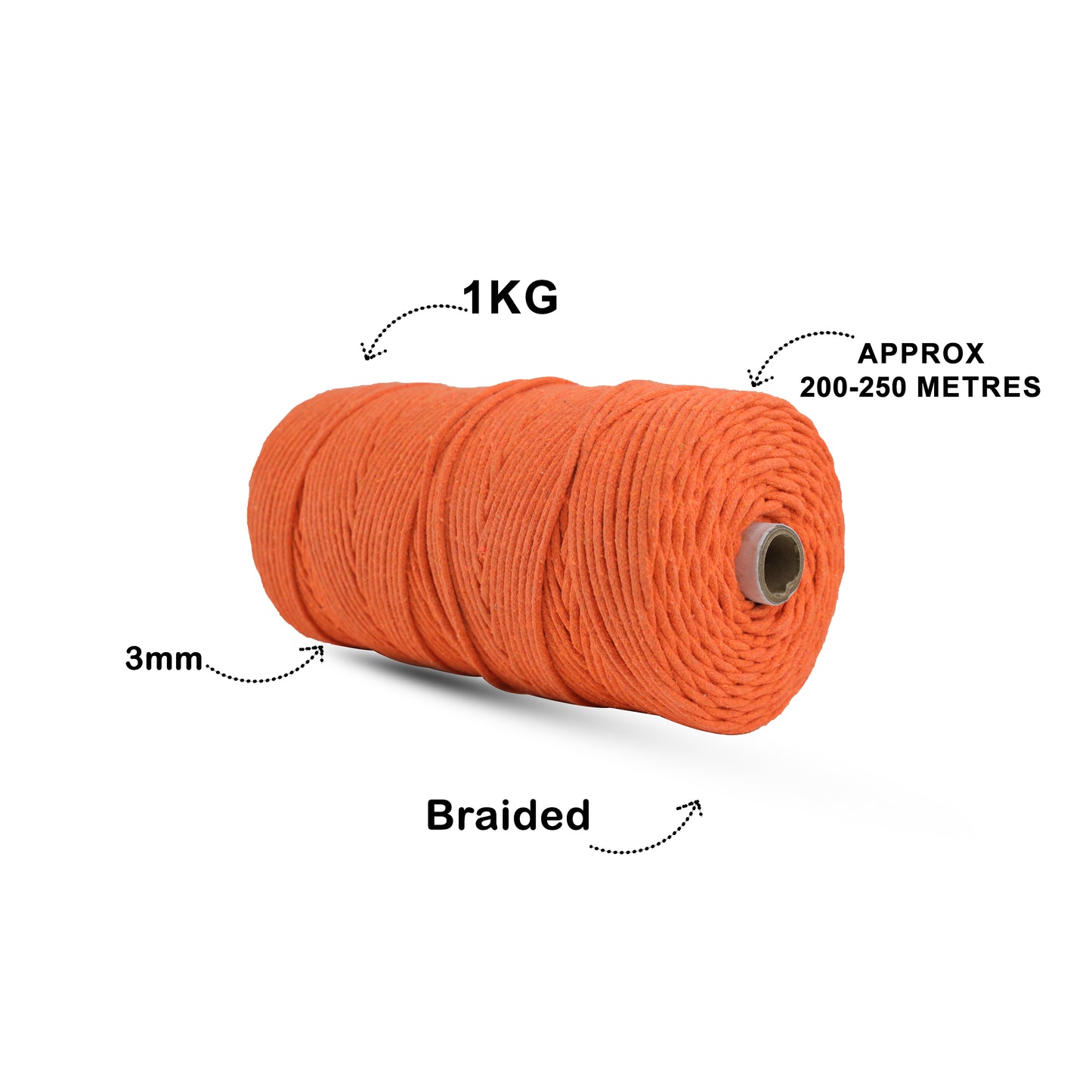 3mm Braided | Orange | 200-250 Metres | 1Kg Spool | Cotton | No 19