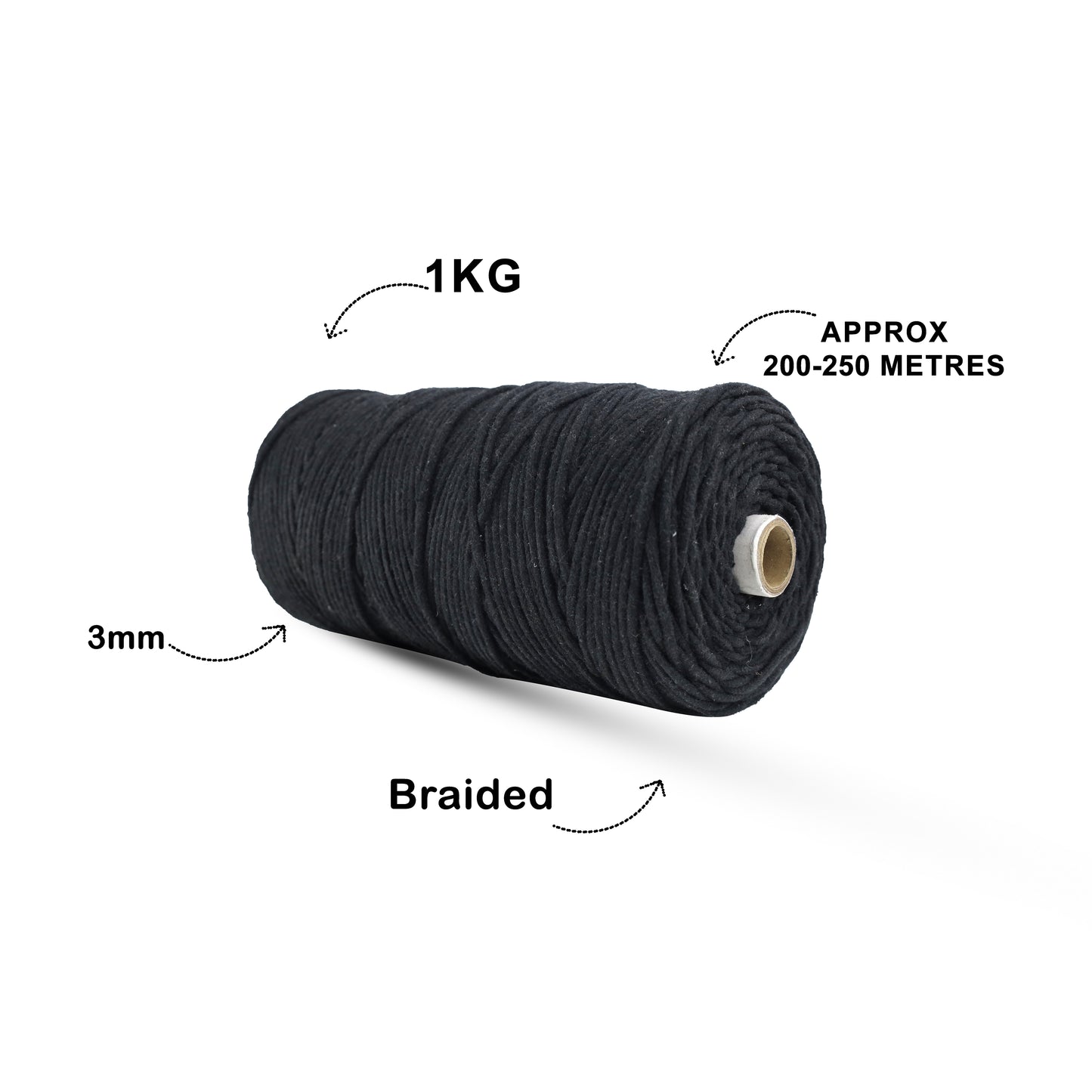 3mm Braided | Black | 200-250 Metres | 1 Kg Spool | Cotton | No 01