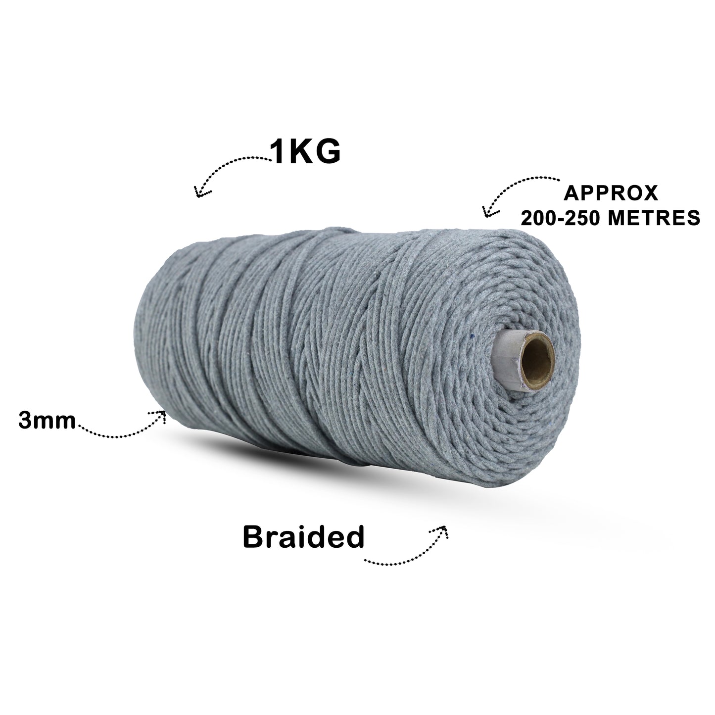 3mm Braided | Steel Grey | 200-250 Meters | 1Kg Spool | Cotton | No 24