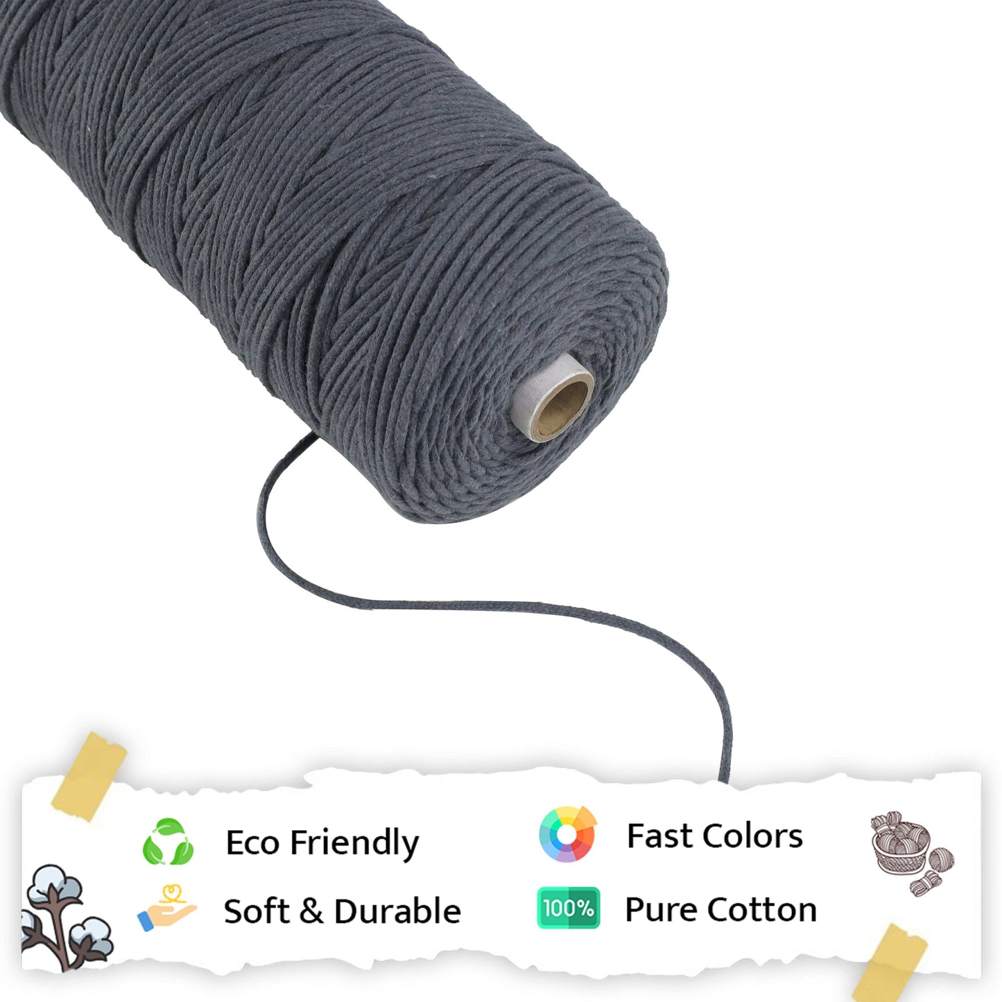 3mm Braided | Dark Grey | 200-250 Metres | 1Kg Spool | Cotton | No 02