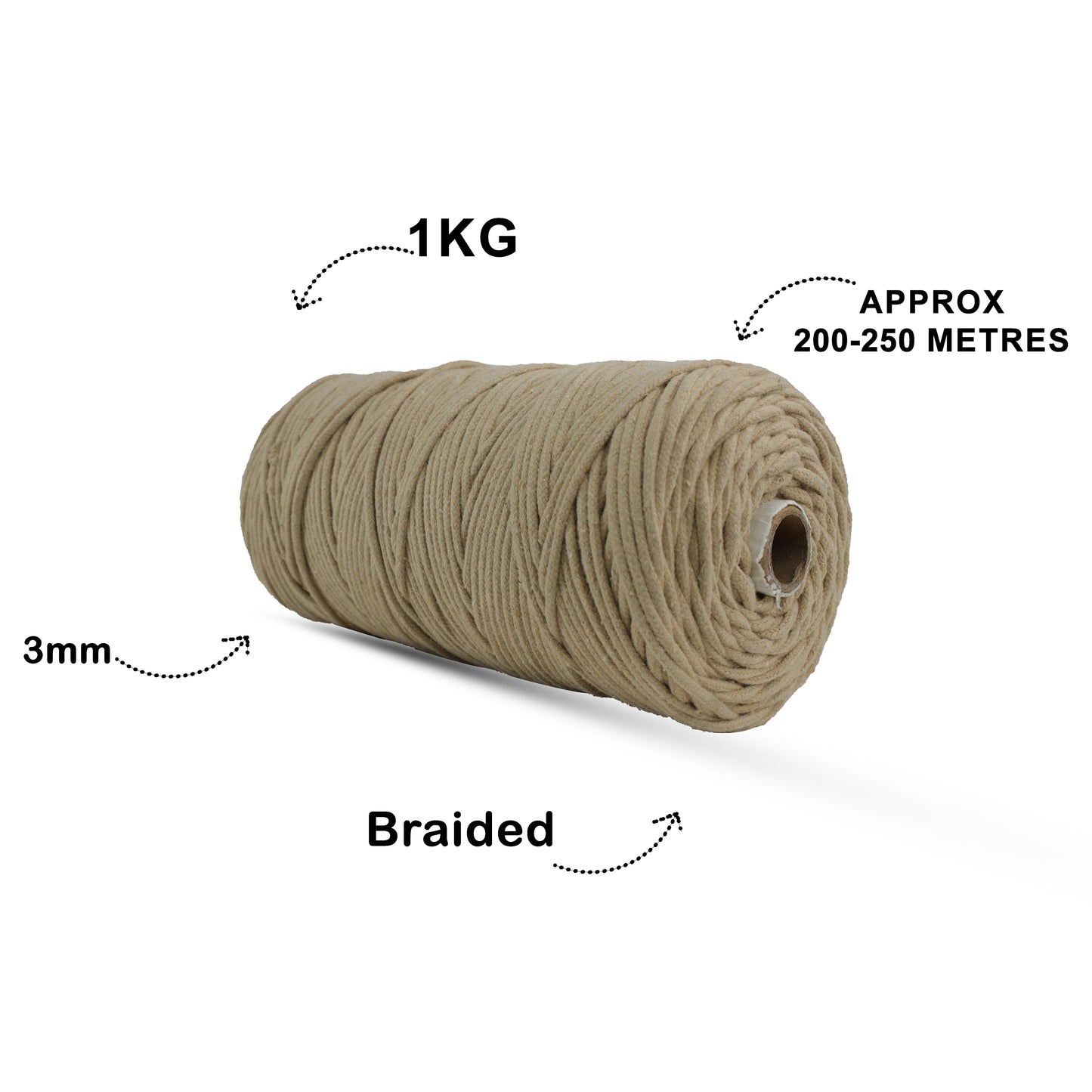 3mm Braided | Beige | 200-250Meters | 1 Kg Spool| Cotton | No 30