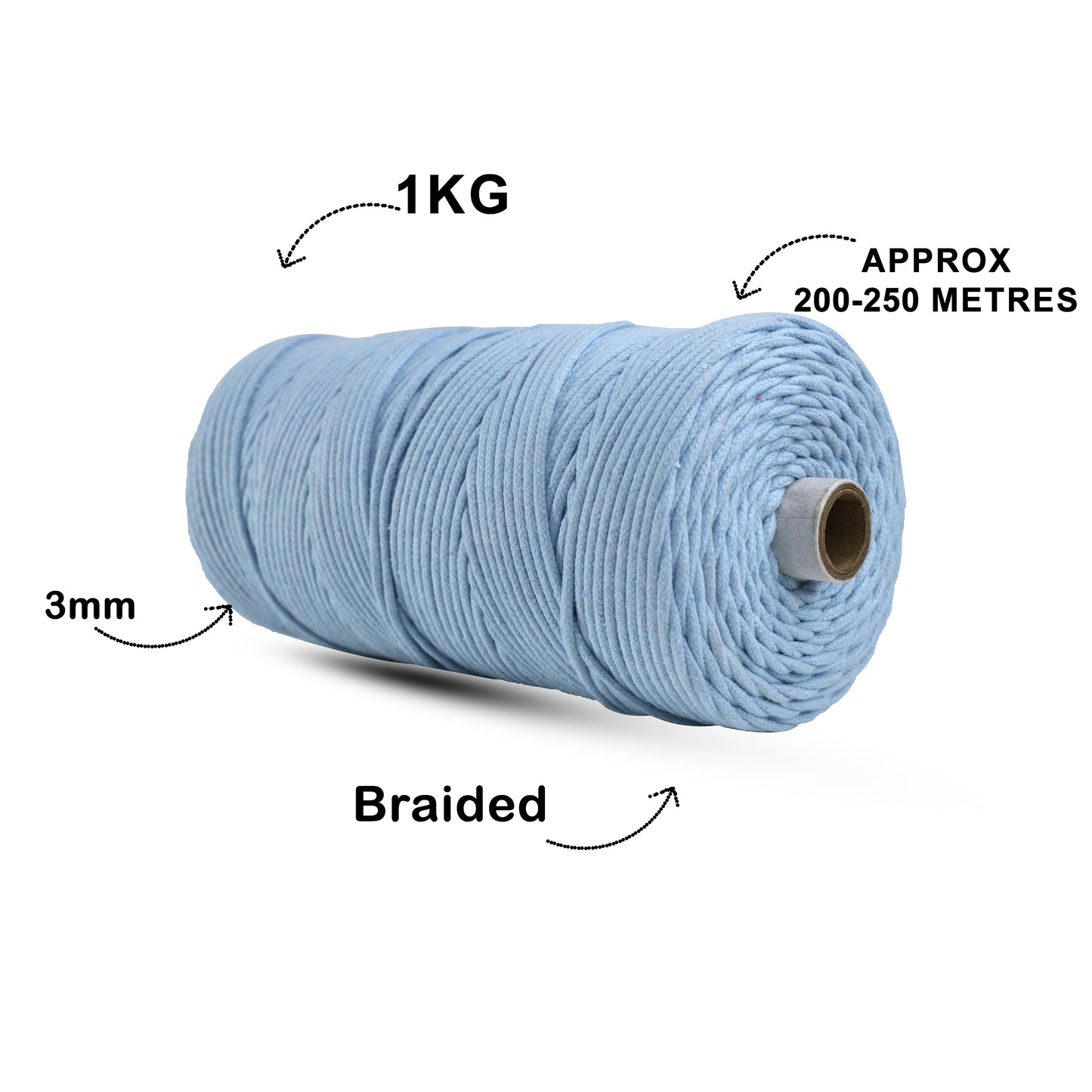 3mm Braided | Ice Blue | 200-250 Meters | 1Kg Spool | Cotton | No 32