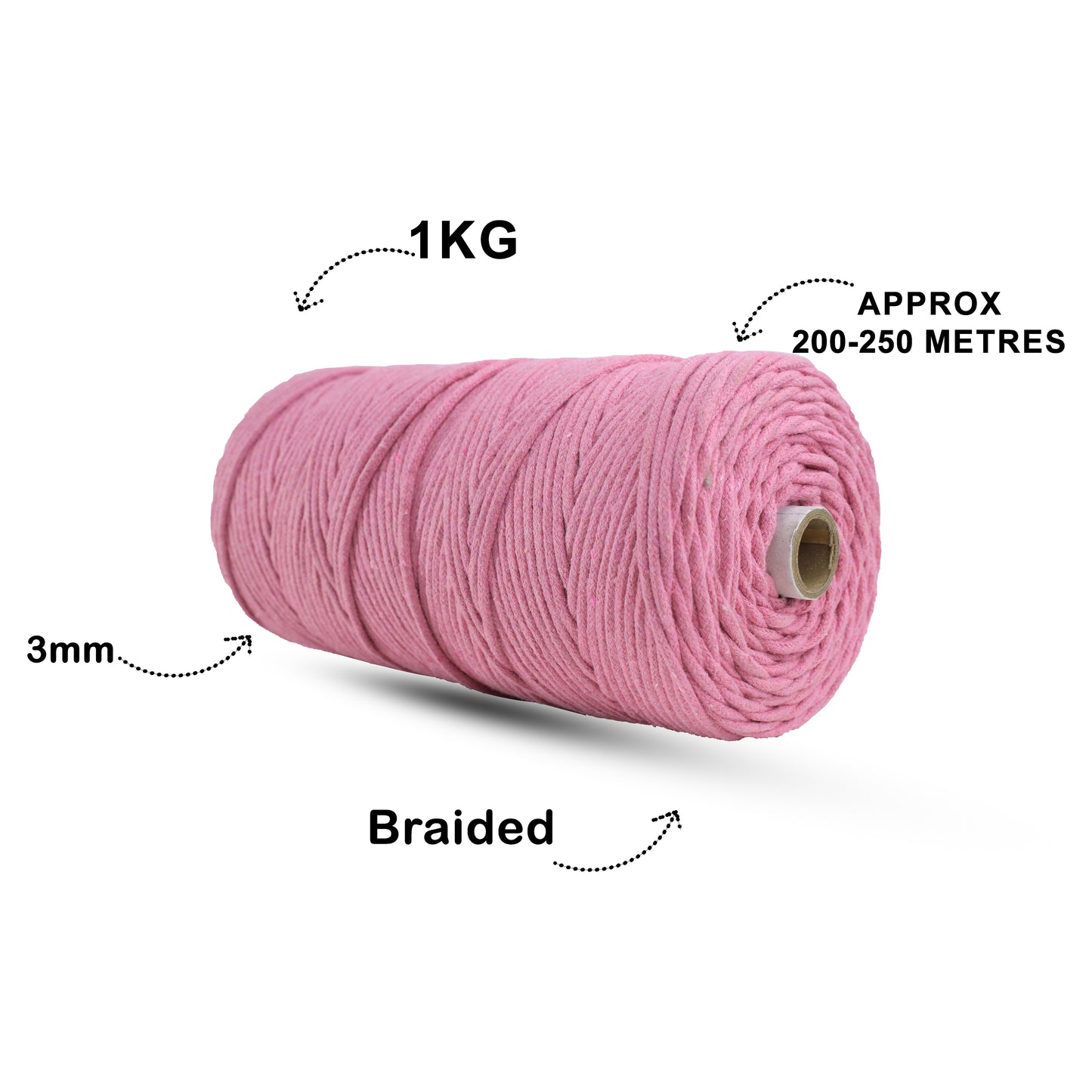 3mm Braided | Bright Pink | 200-250 Metres | 1Kg Spool | Cotton | No 33