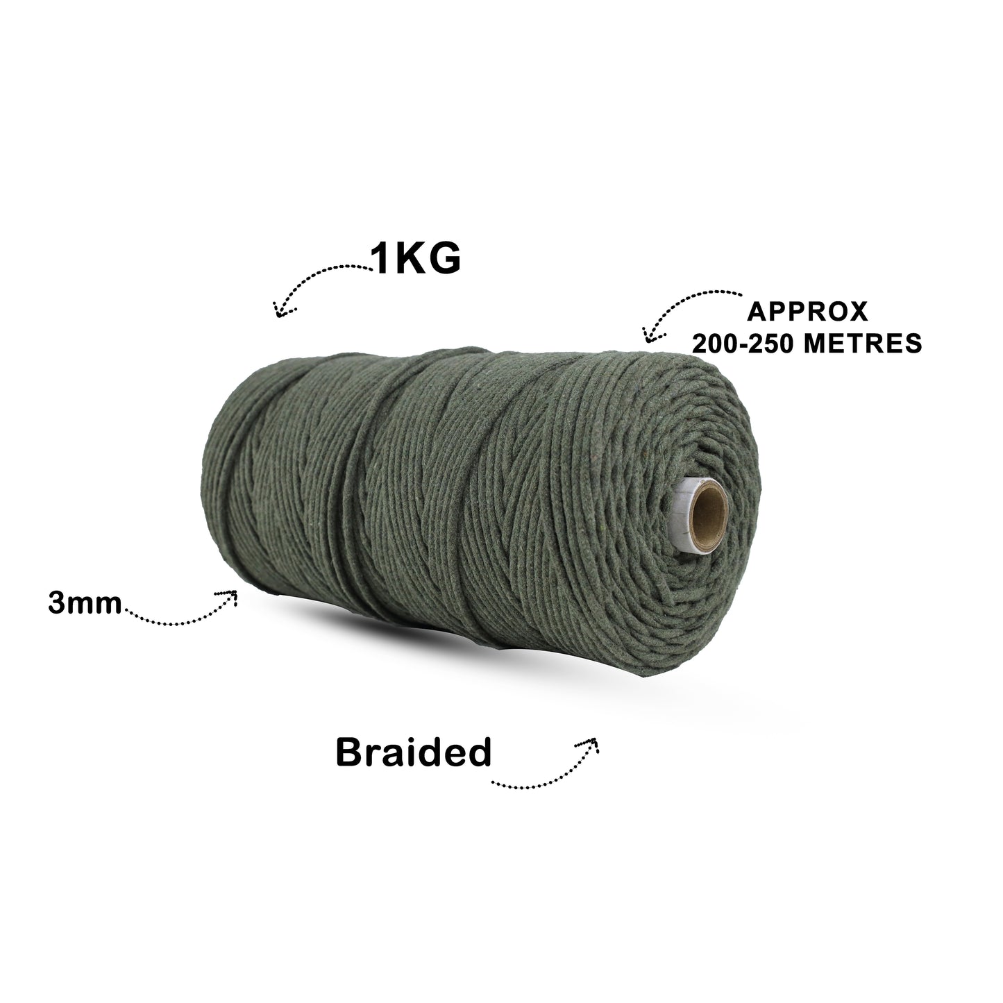 3mm Braided | Army Green | 200-250 Meters | 1Kg Spool | Cotton | No 38