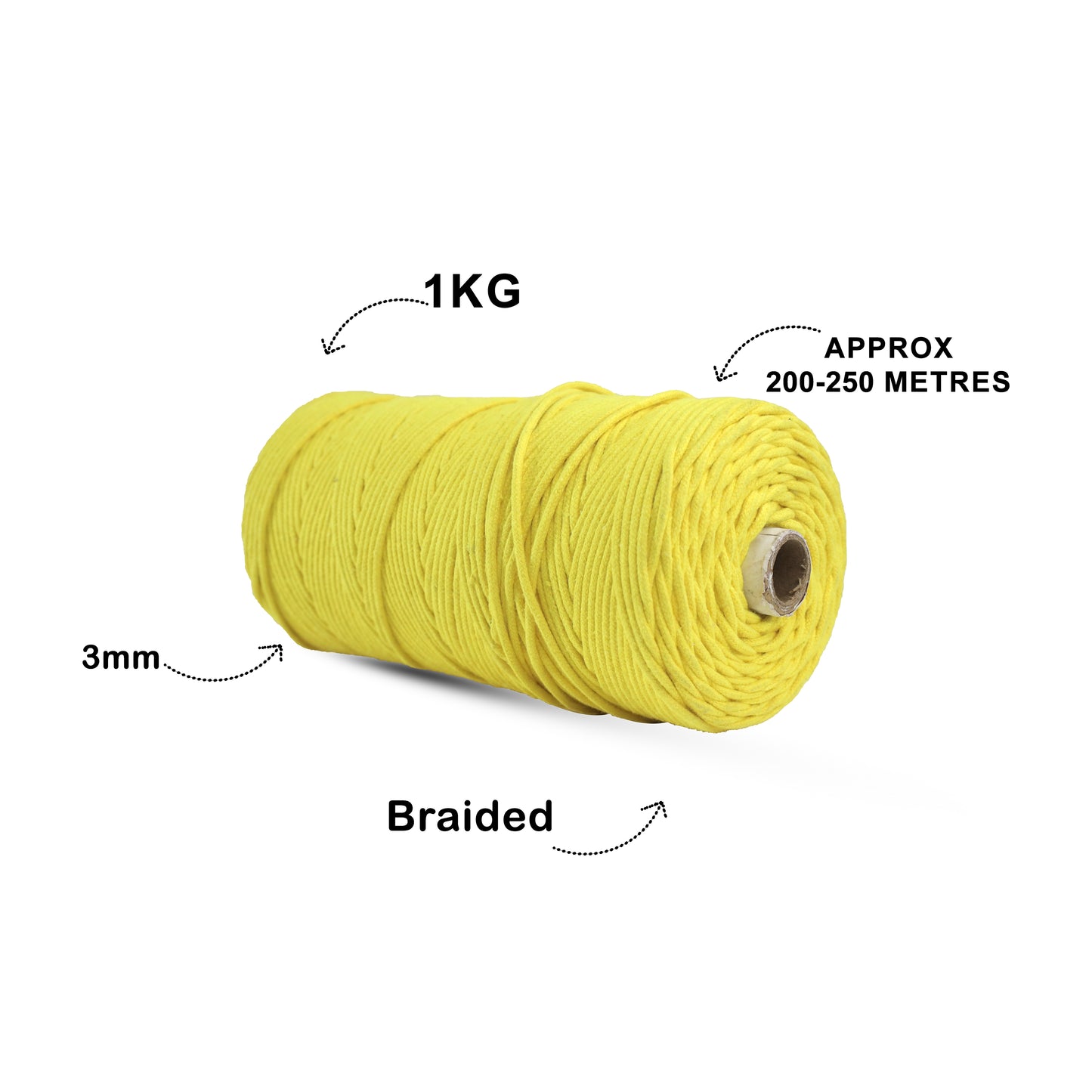 3mm Braided | Yellow | 200-250 Meters | 1Kg Spool | Cotton | No 08