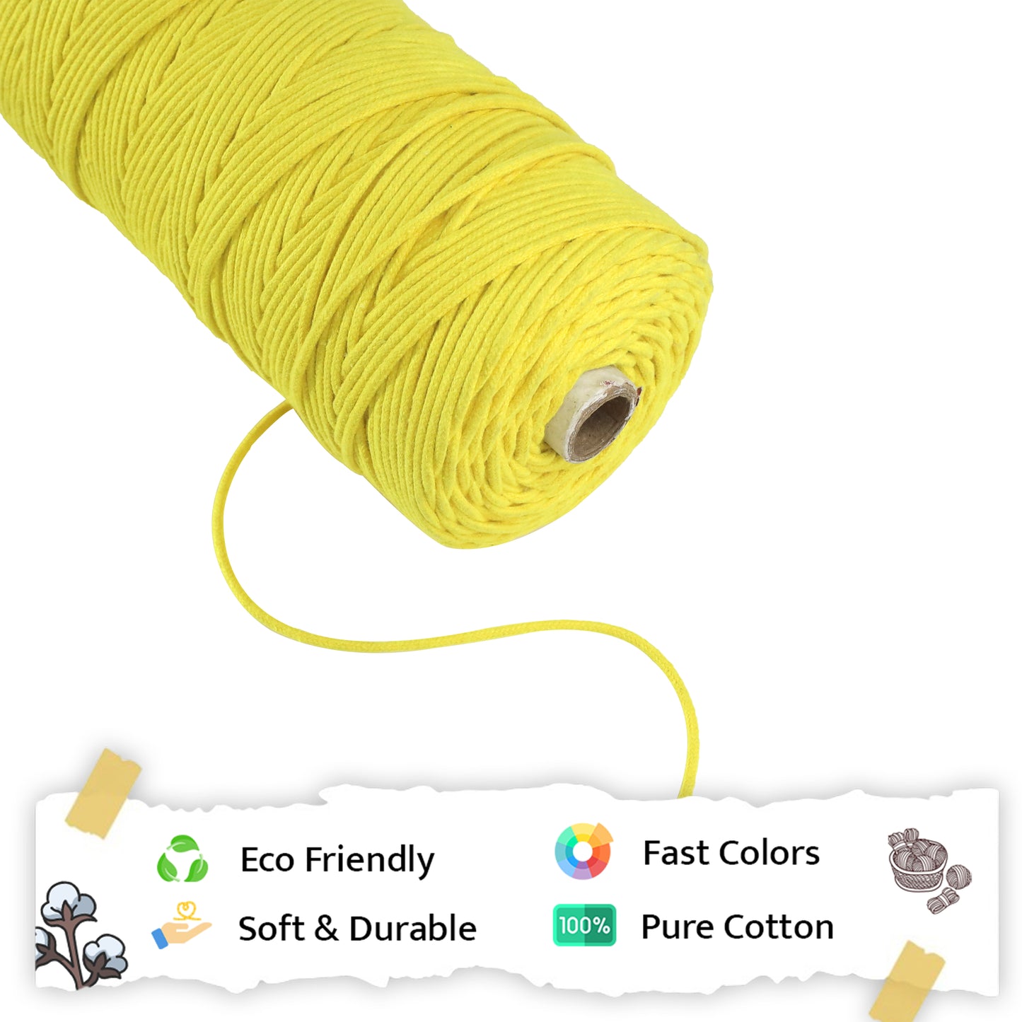 3mm Braided | Yellow | 200-250 Meters | 1Kg Spool | Cotton | No 08