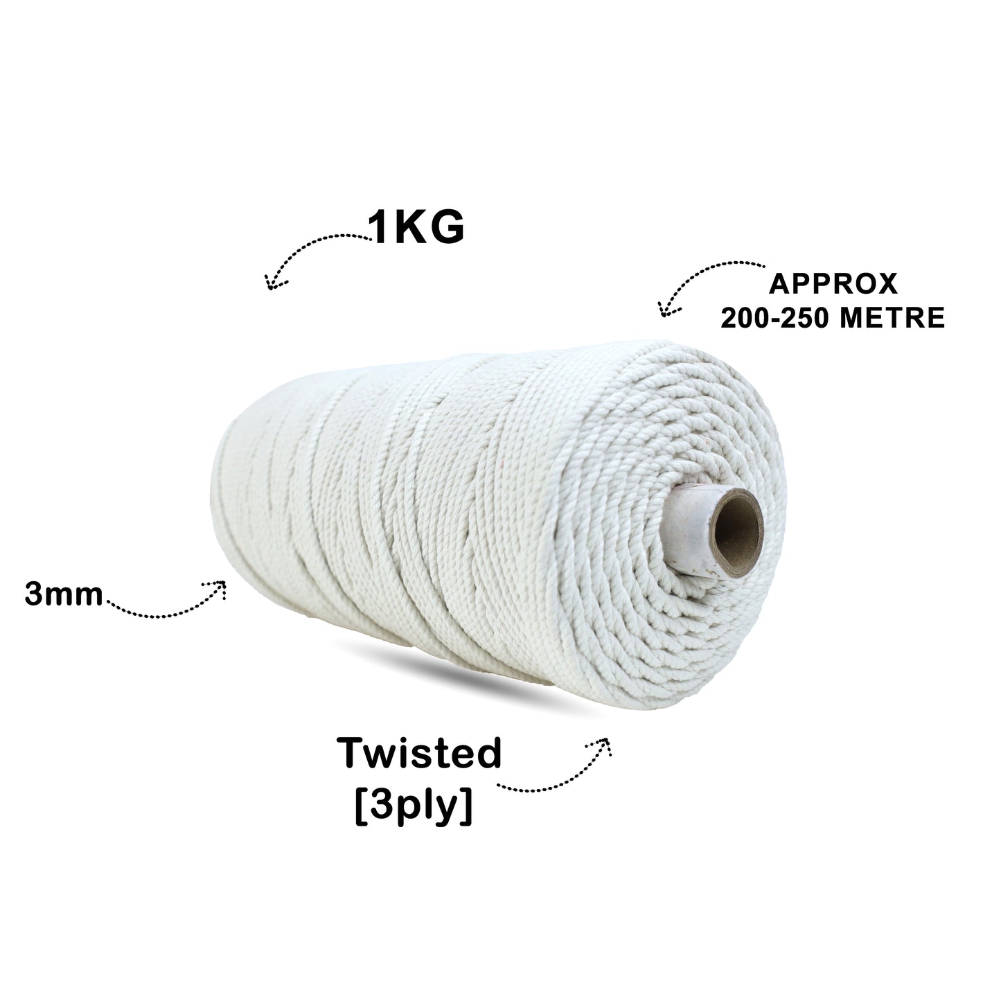 3mm Twisted (3Ply) | Off White | 200 - 250 Metres | 1kg Spool | Cotton | No 04