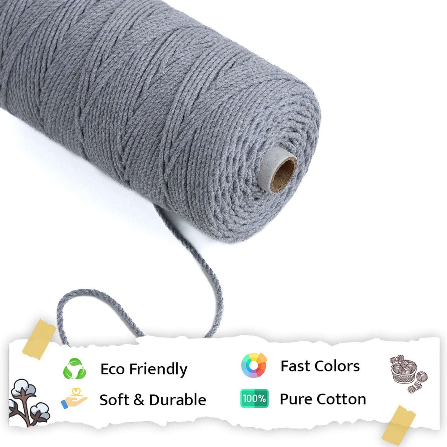 3mm ટ્વિસ્ટેડ (3Ply) | સ્ટીલ ગ્રે | 200 - 250 મીટર | 1 કિલો સ્પૂલ | કપાસ