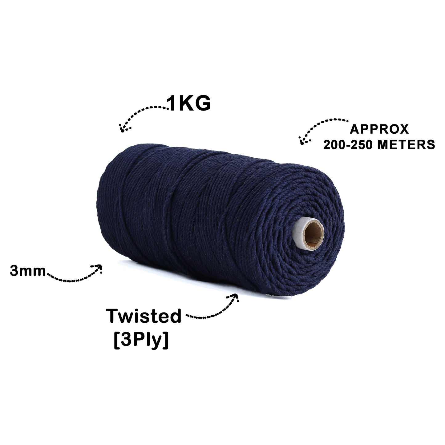 3mm Twisted (3Ply) | Dark Blue | 200 - 250 Metres | 1kg Spool | Cotton | No 27