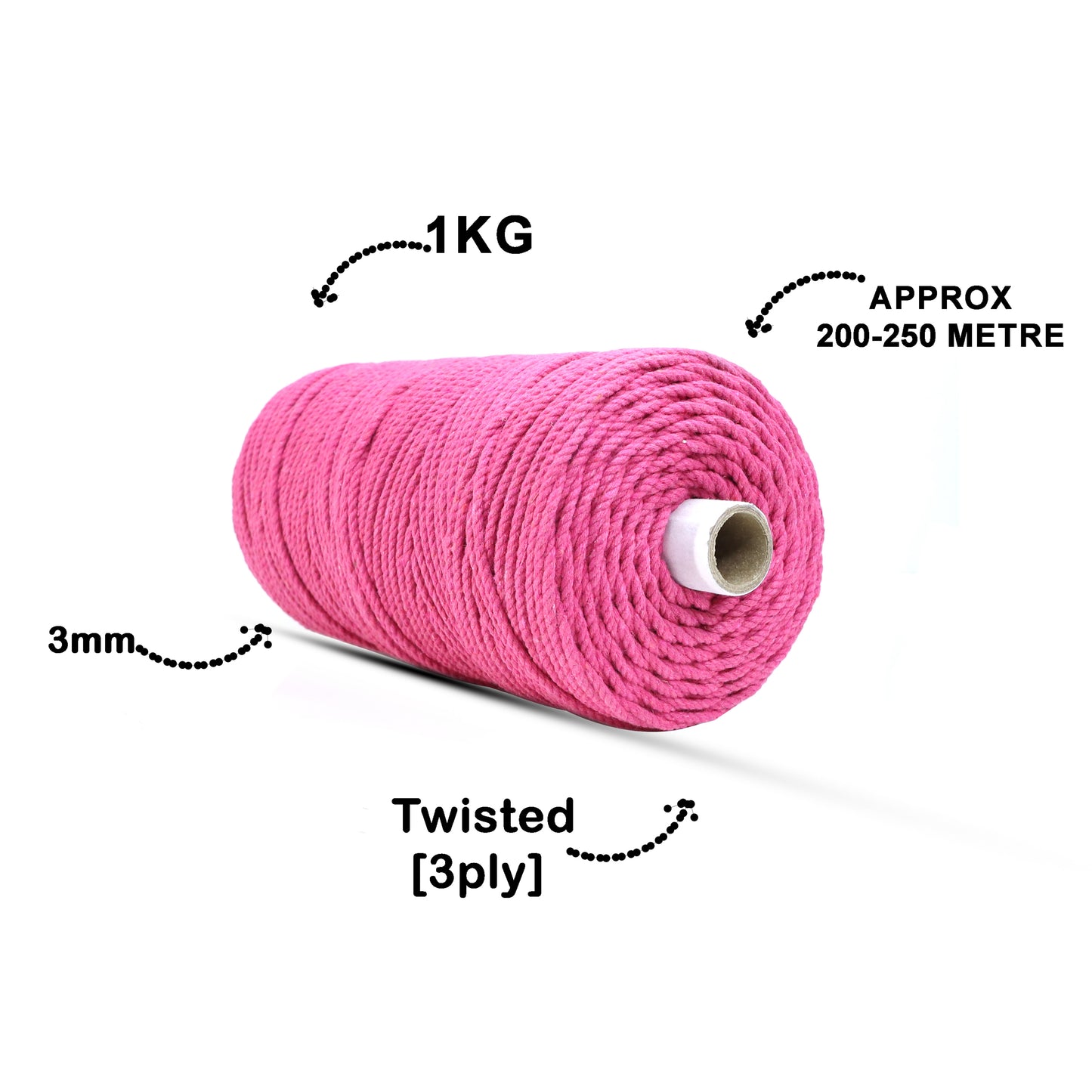 3mm Twisted (3Ply) | Bright Pink | 200 - 250 Metres | 1kg Spool | Cotton | No 33
