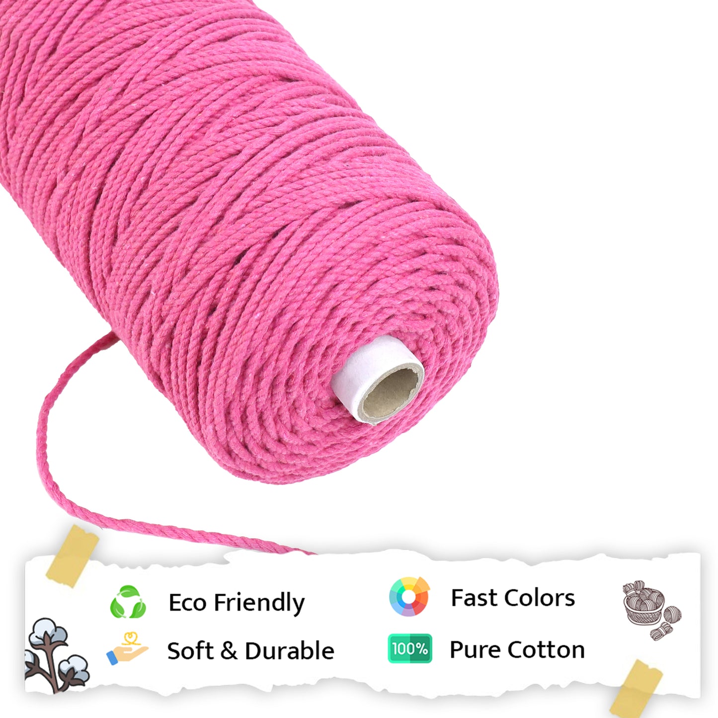 3mm Twisted (3Ply) | Bright Pink | 200 - 250 Metres | 1kg Spool | Cotton | No 33