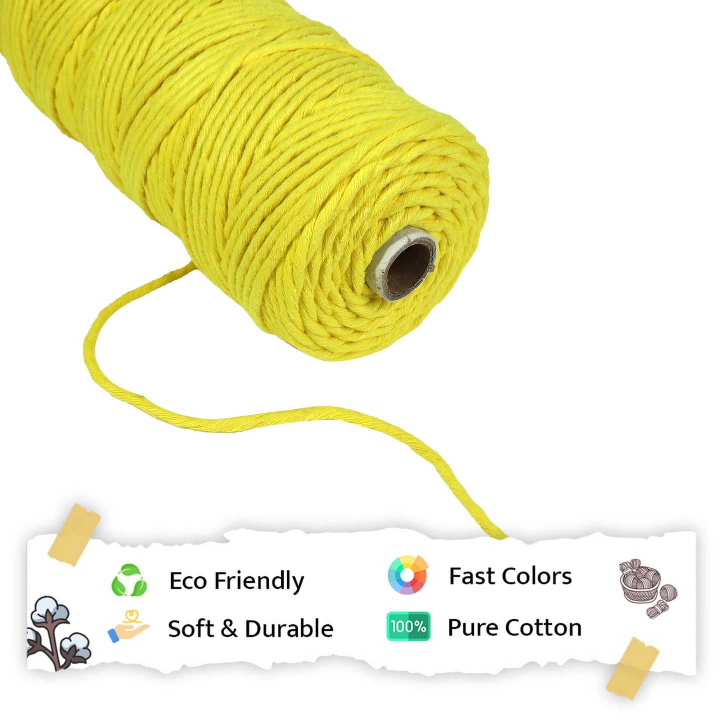4mm Single Strand | Yellow | 150 Metres | 1kg Spool | Cotton |No 8