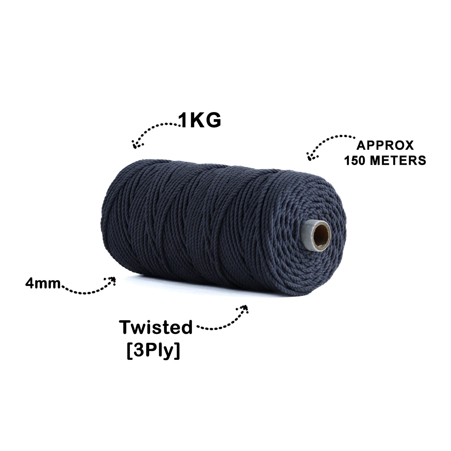 4mm Twisted (3Ply) | Dark Grey | 150 Metres | 1kg Spool | Cotton | No 02