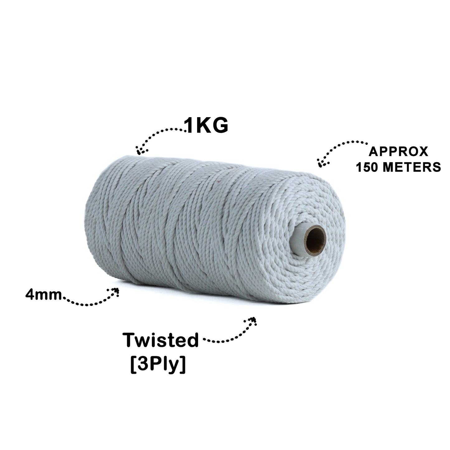 4mm ટ્વિસ્ટેડ (3Ply) | શુદ્ધ સફેદ | 150 મીટર | 1 કિલો સ્પૂલ | કપાસ