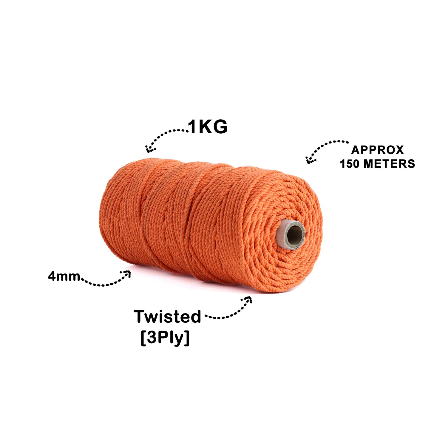 4mm ટ્વિસ્ટેડ (3Ply) | નારંગી | 150 મીટર | 1 કિલો સ્પૂલ | કપાસ