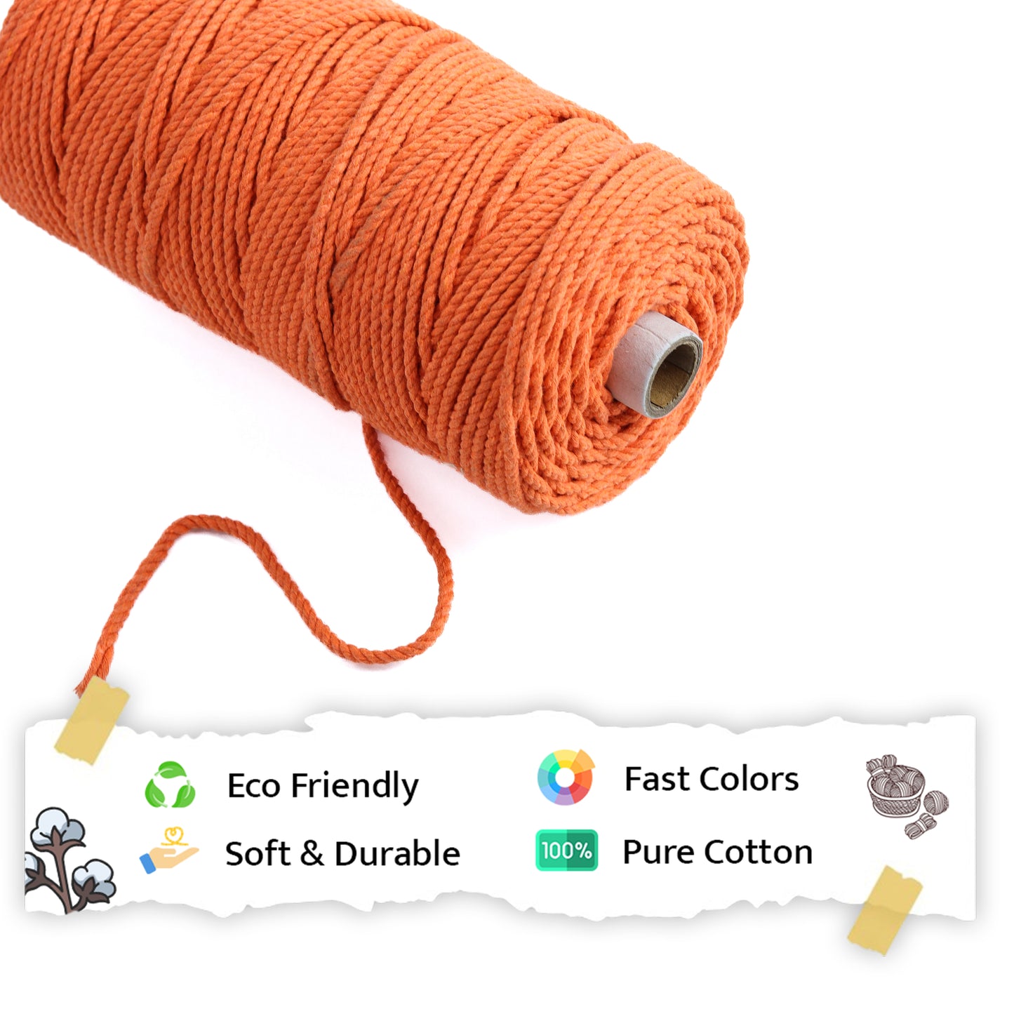 4mm ટ્વિસ્ટેડ (3Ply) | નારંગી | 150 મીટર | 1 કિલો સ્પૂલ | કપાસ