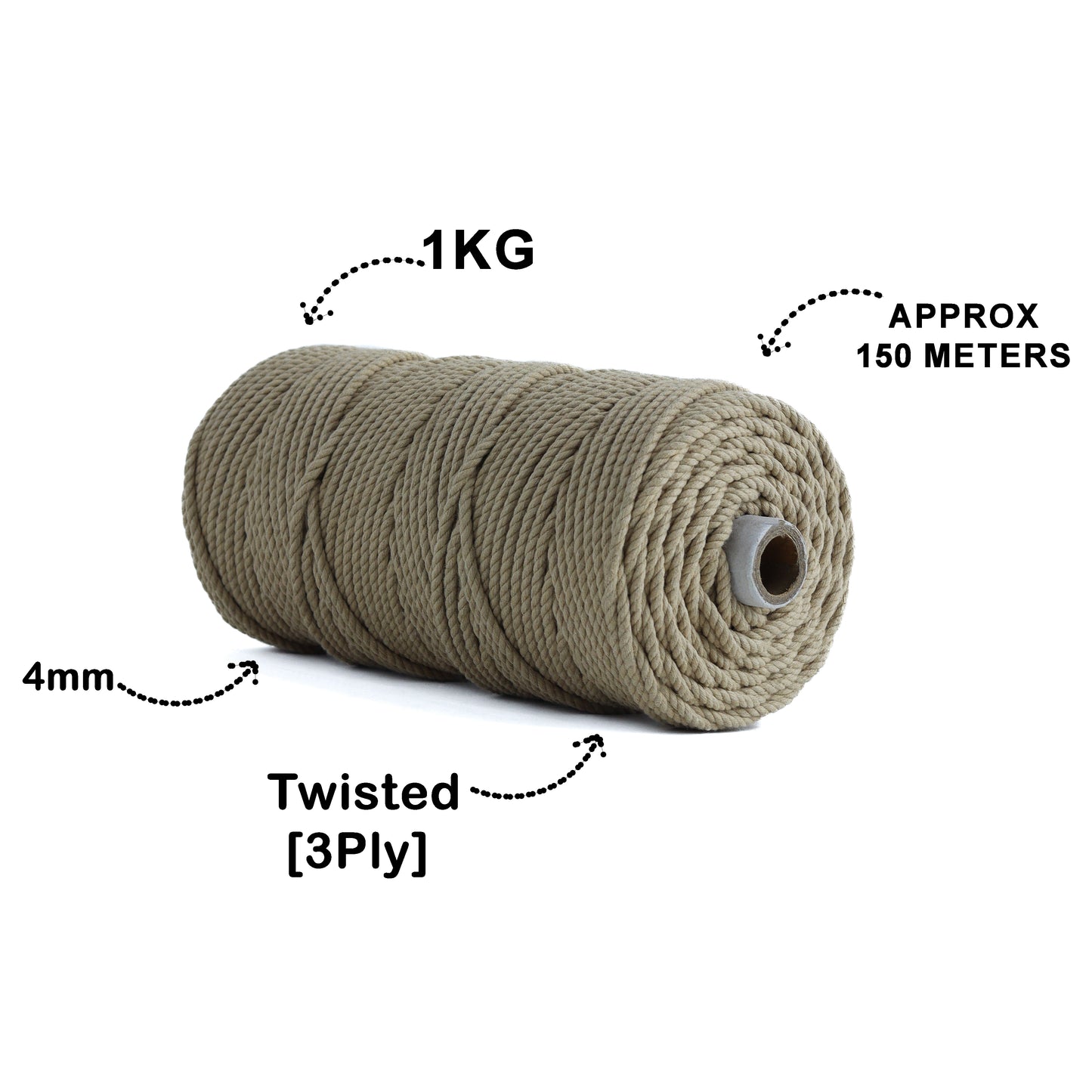 4mm ટ્વિસ્ટેડ (3Ply) | ન રંગેલું ઊની કાપડ | 150 મીટર | 1 કિલો સ્પૂલ | કપાસ