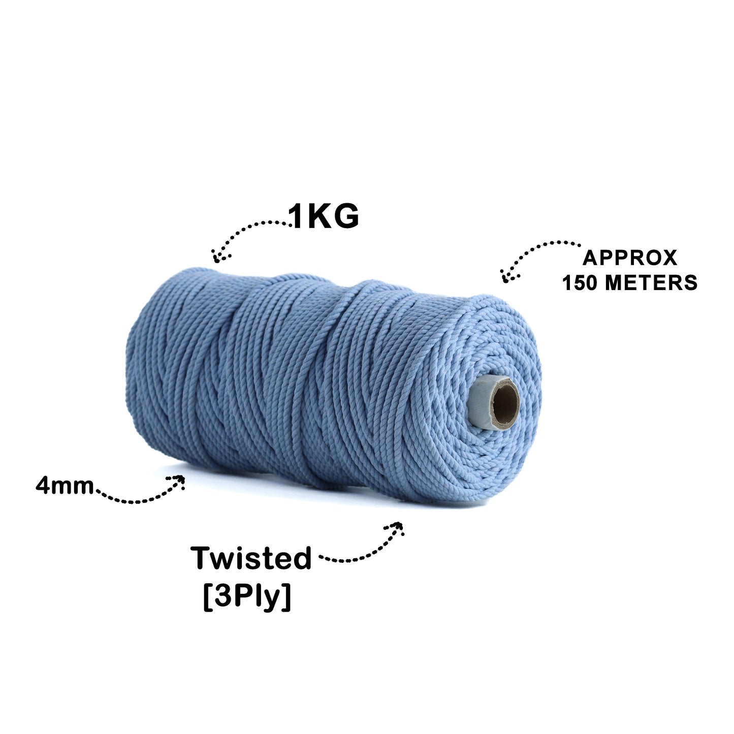 4mm ટ્વિસ્ટેડ (3Ply) | આઇસ બ્લુ | 150 મીટર | 1 કિલો સ્પૂલ | કપાસ