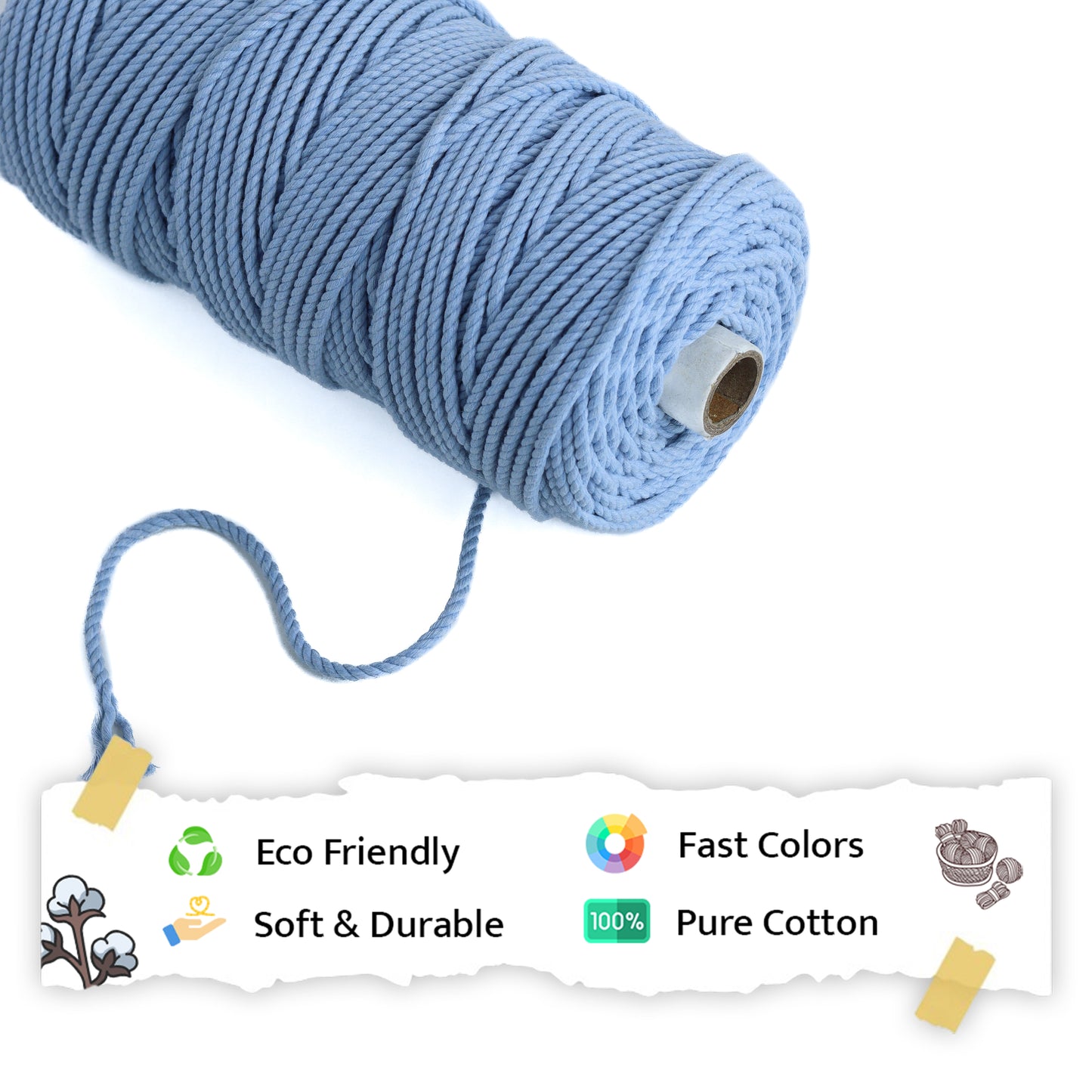 4mm ટ્વિસ્ટેડ (3Ply) | આઇસ બ્લુ | 150 મીટર | 1 કિલો સ્પૂલ | કપાસ
