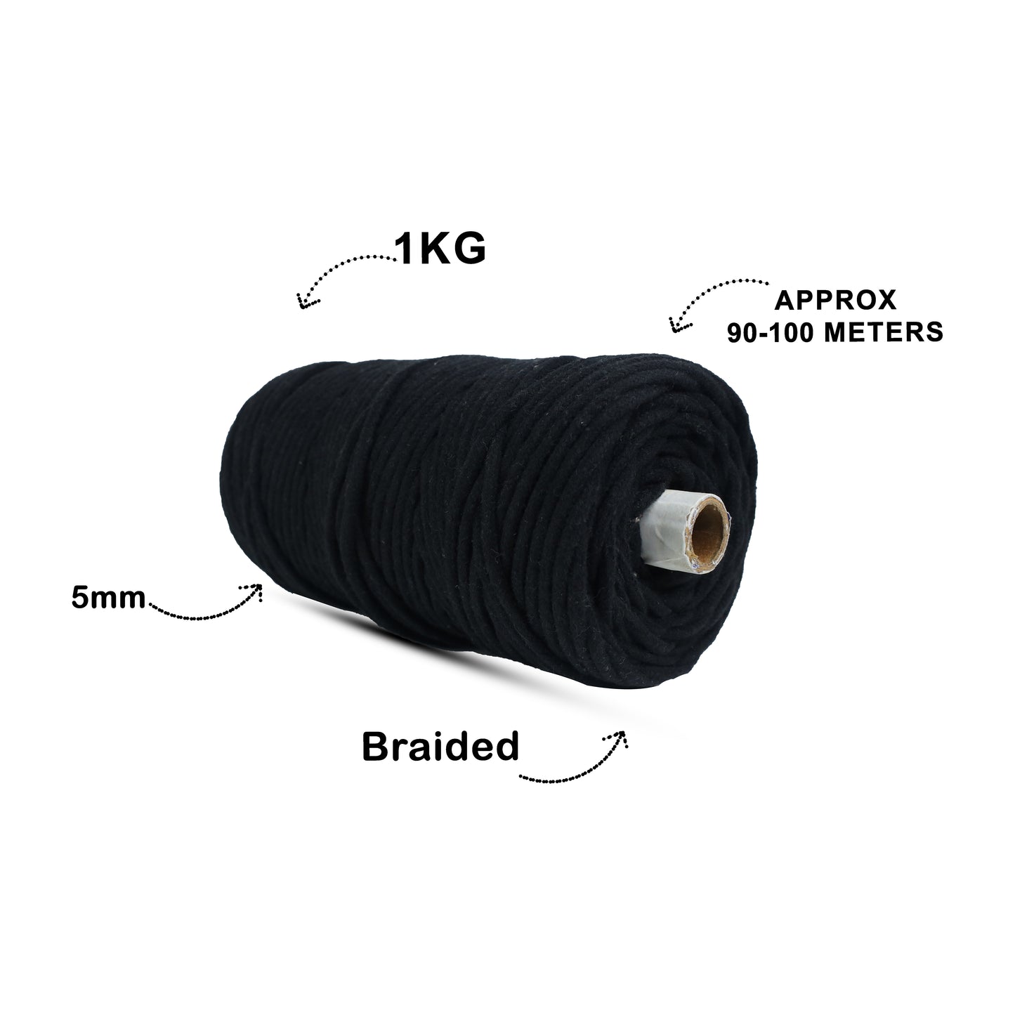 5mm Braided | Black | Approx 100 Metres | 1kg Spool | Cotton | No 01
