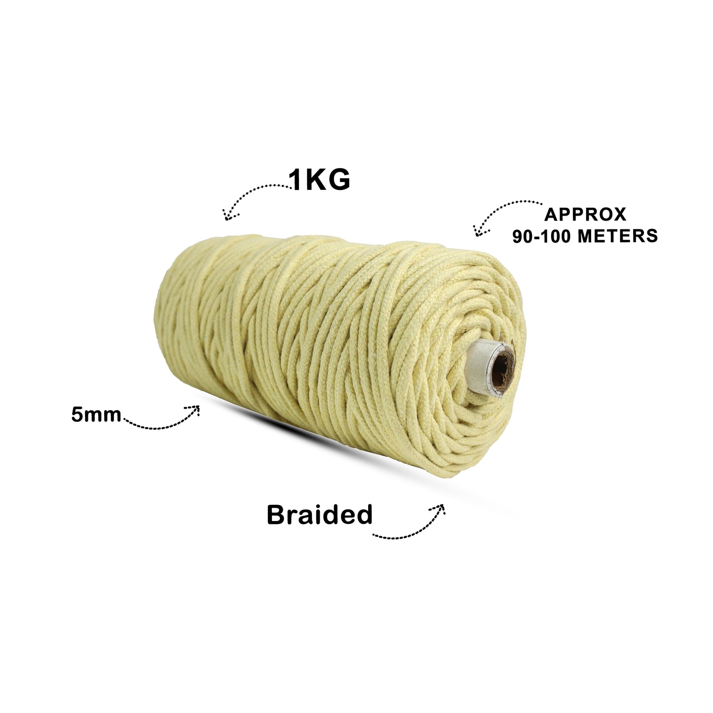 5mm Braided | Light Yellow | Approx 100 Metres | 1kg Spool | Cotton | No 09