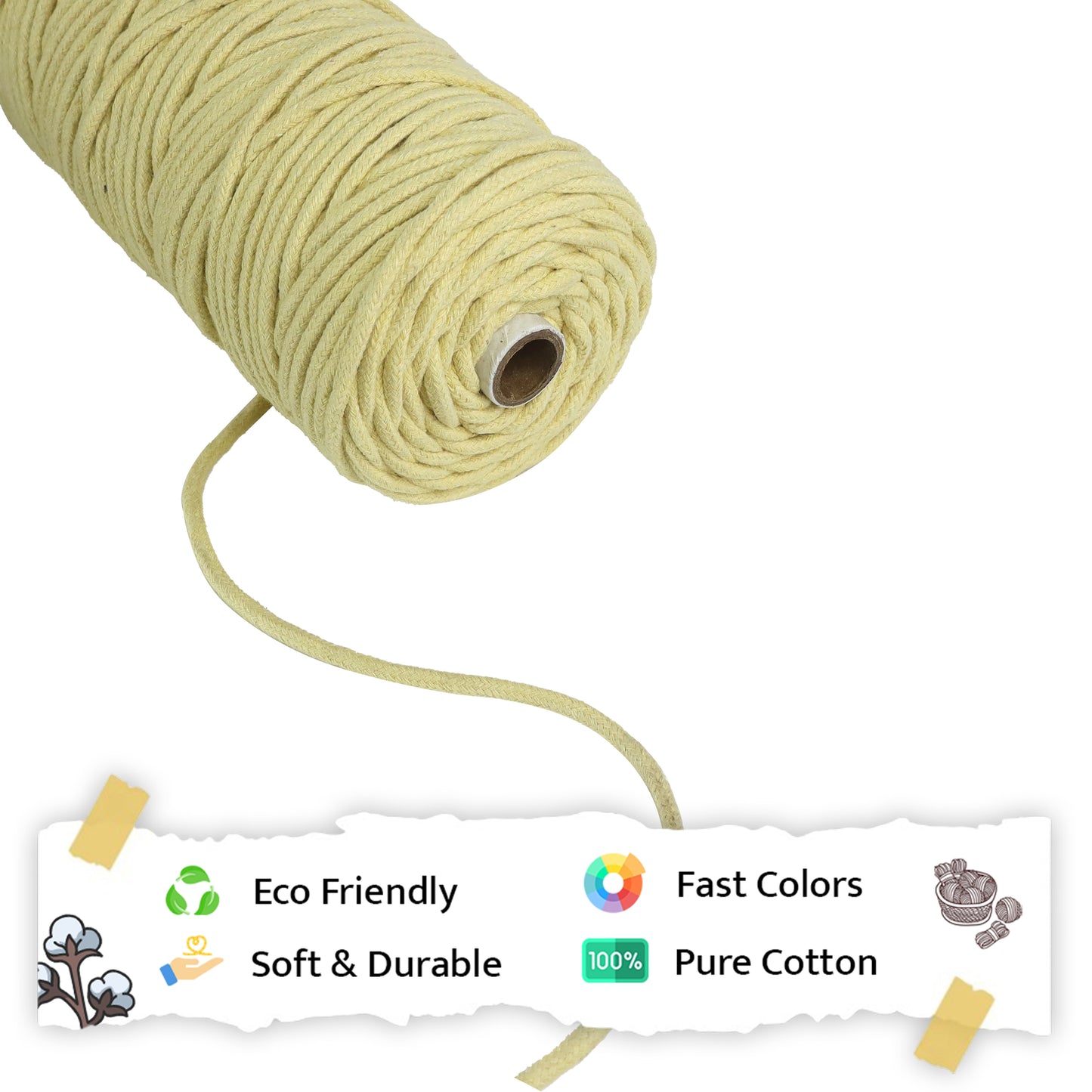 5mm Braided | Light Yellow | Approx 100 Metres | 1kg Spool | Cotton | No 09