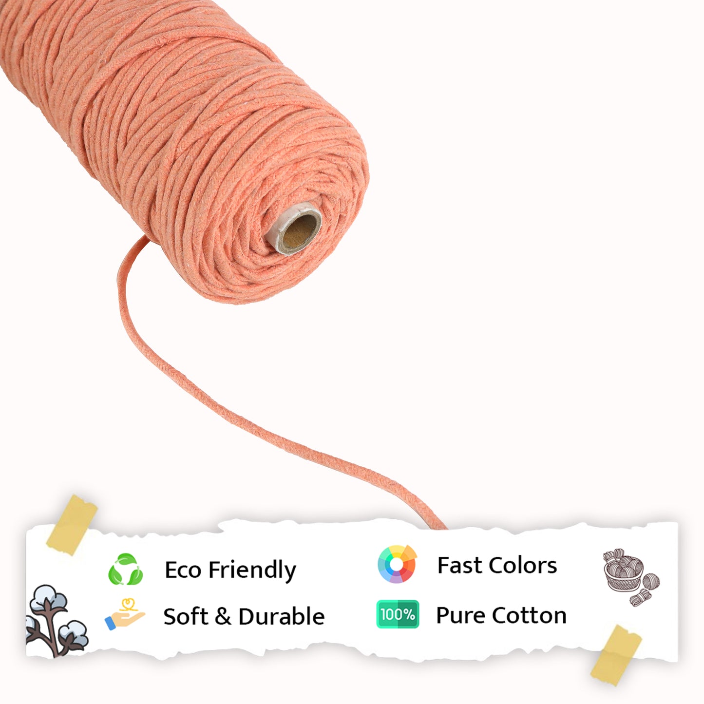 5mm Braided | Pastel Orange | Approx 100 Metres | 1kg Spool | Cotton | No 34