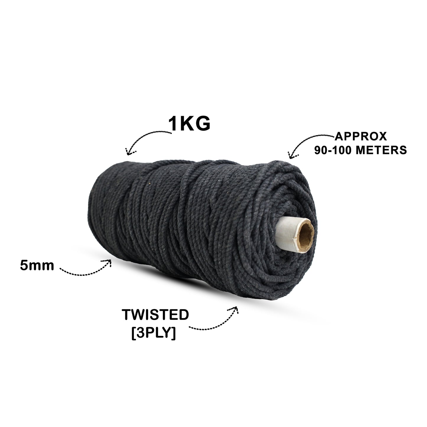 5mm Twisted (3Ply) | Dark Grey | Approx 100 Metres | 1kg Spool | Cotton | No 02