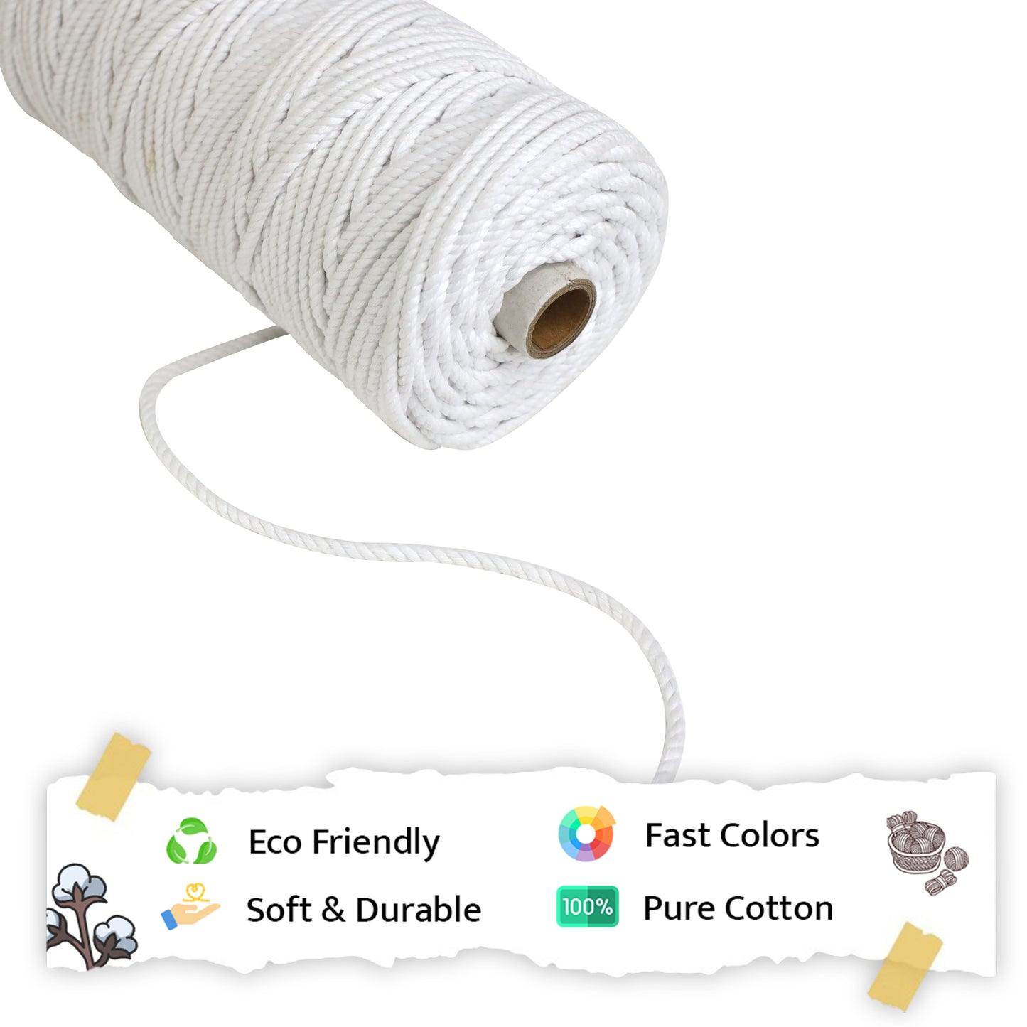 5mm Twisted (3Ply) | Pure White | Approx 100 Metres | 1kg Spool | Cotton | No 03