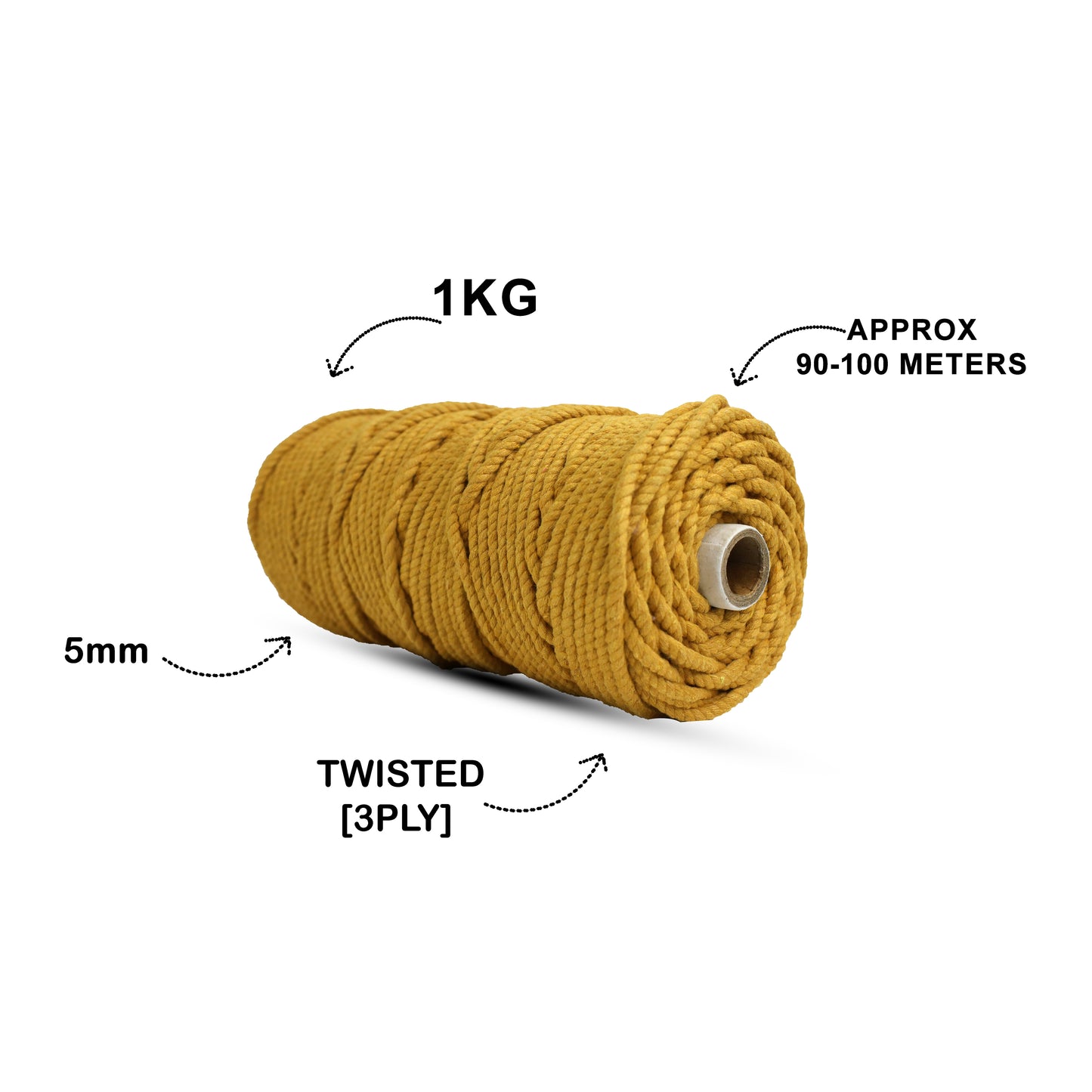 5mm Twisted (3Ply) | Mustard | Approx 100 Metres | 1kg Spool | Cotton | No 07