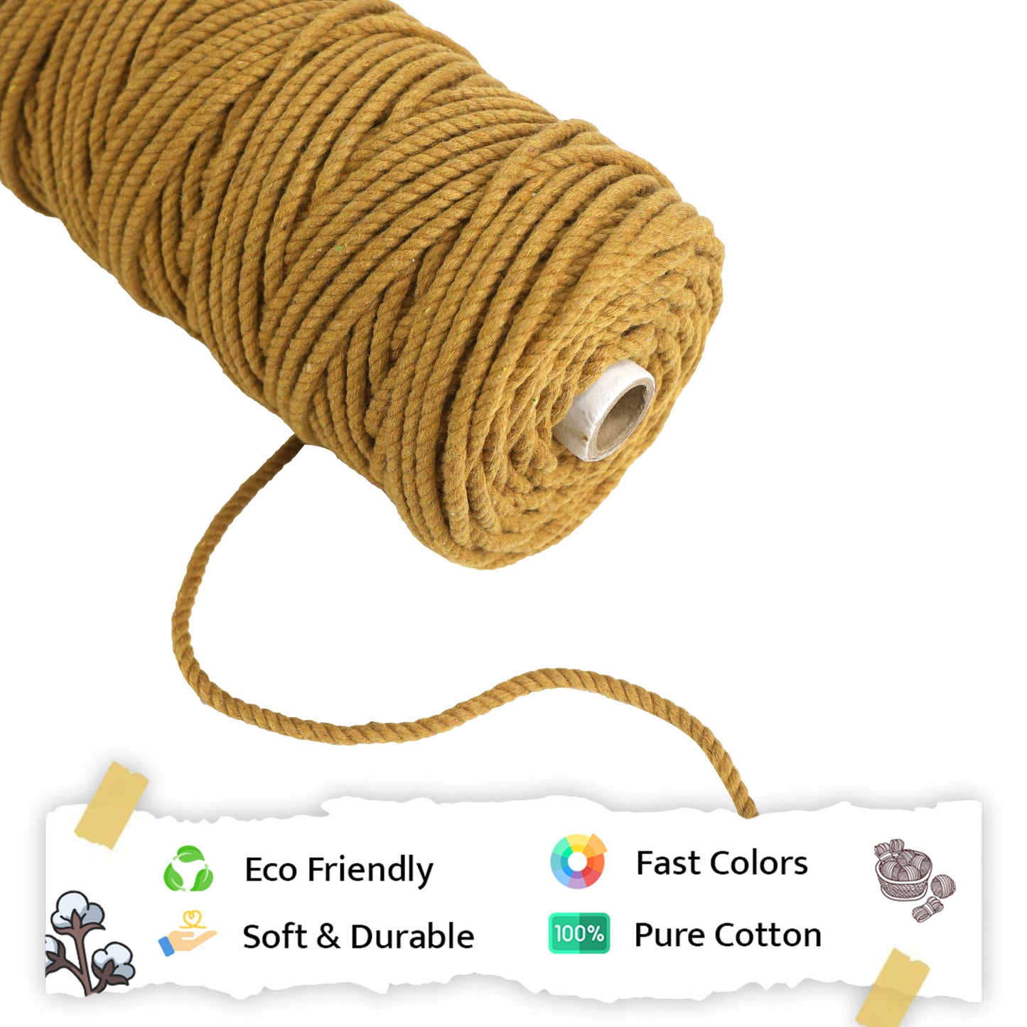5mm Twisted (3Ply) | Mustard | Approx 100 Metres | 1kg Spool | Cotton | No 07